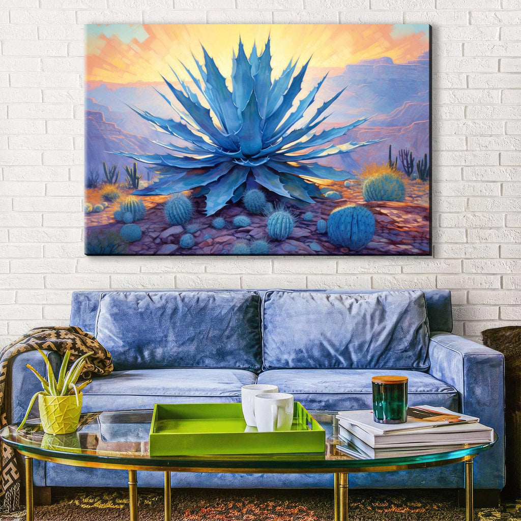 Desert Canvas Art – Southwest Agave Art with Blue Agave Painting & Barrel Cactus Print