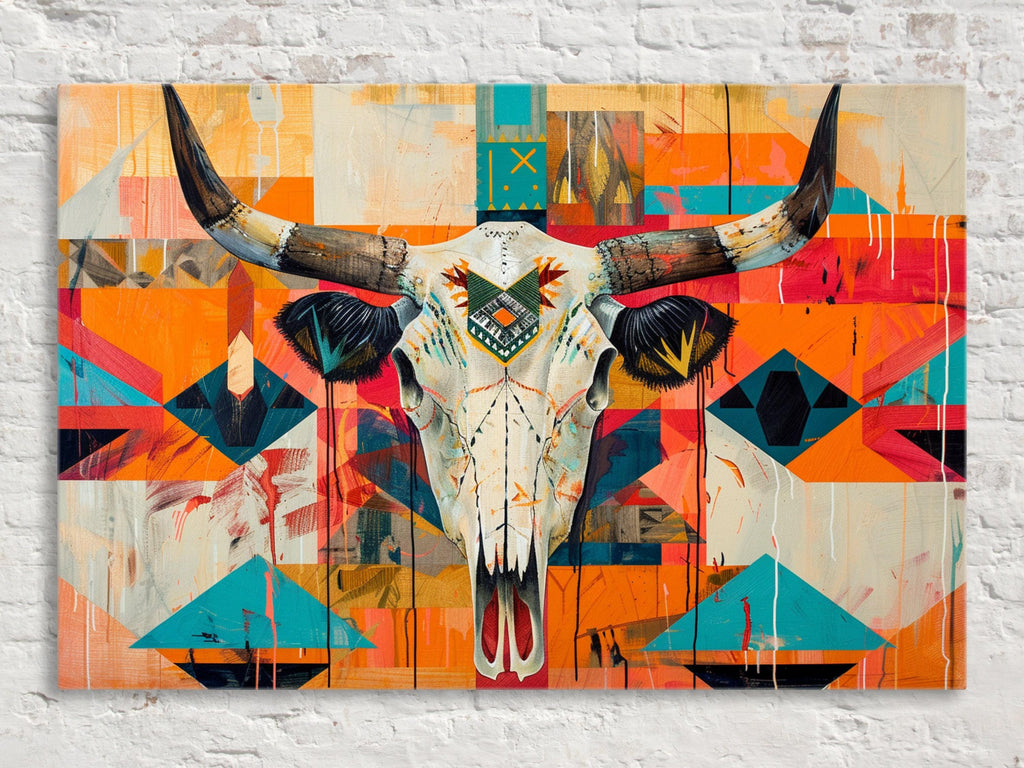 Native Cow Skull Art – Southwest Native Art on Extra Large Gallery Wrapped Canvas
