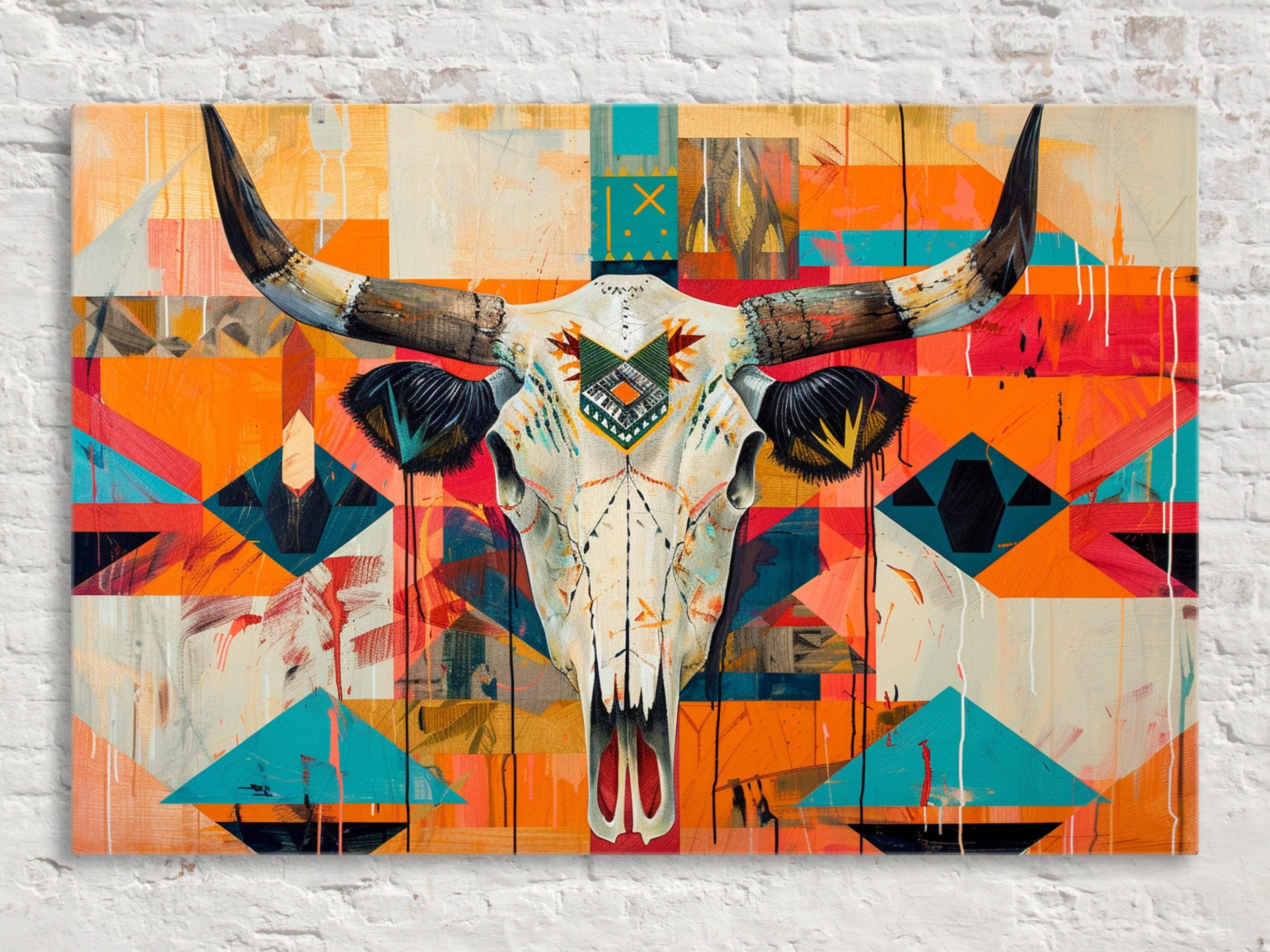 Native Cow Skull Art – Southwest Native Art on Extra Large Gallery Wrapped Canvas