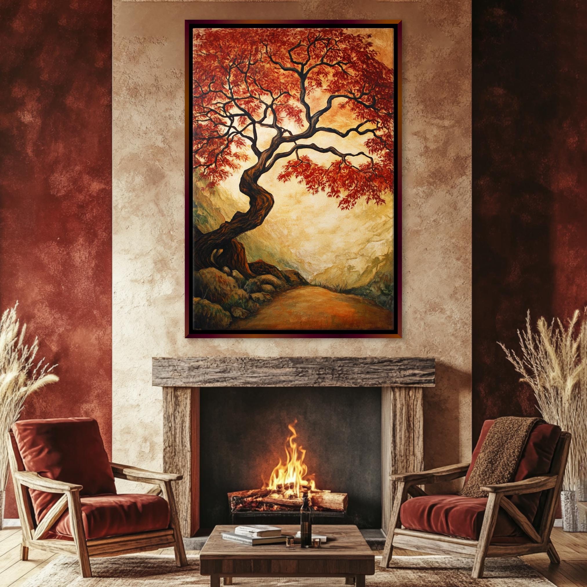 a living room with a fire place and a painting on the wall