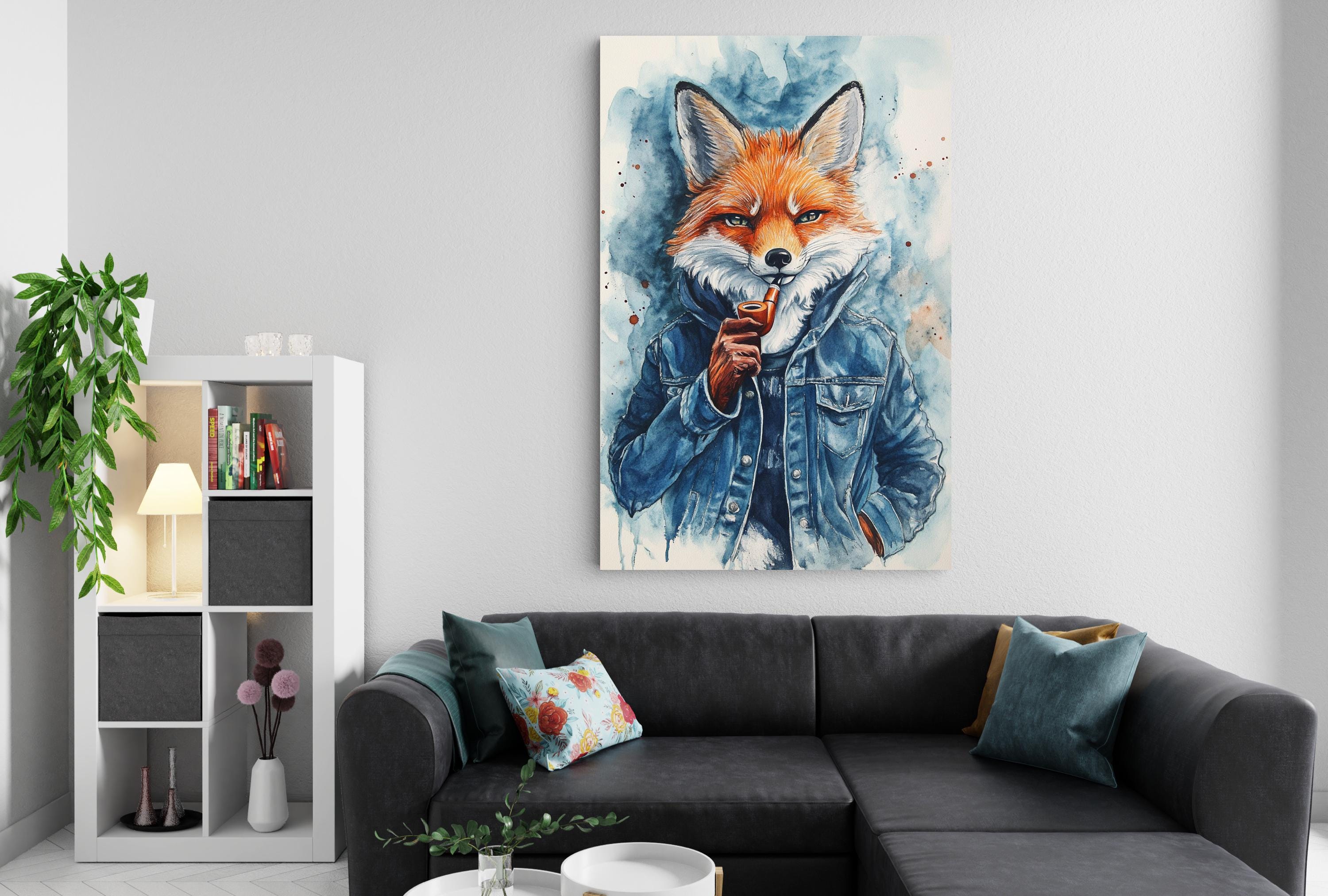 a cozy living room with a gray sectional sofa, a bookshelf, and a large painting of a fox wearing a blue denim jacket.