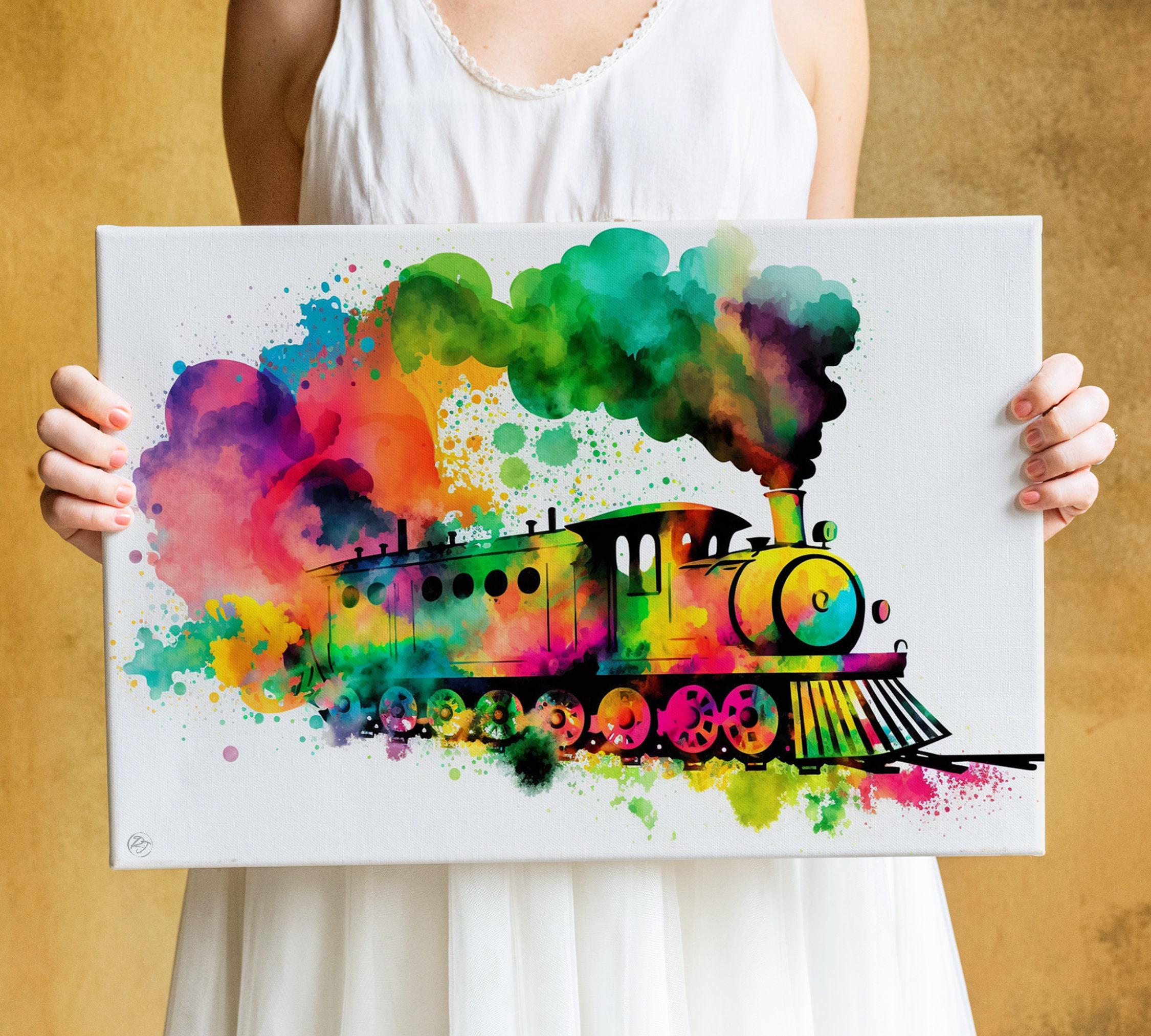 Steam Train Elegance: Watercolor Railroad Wall Decor, Giclee Print on Canvas, Artist Paper, Watercolor Paper, Available in Extra Large Sizes