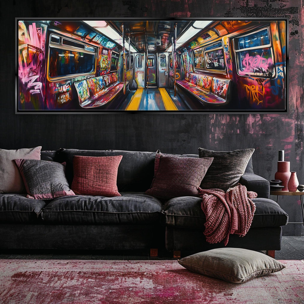 a living room with a couch and a painting on the wall