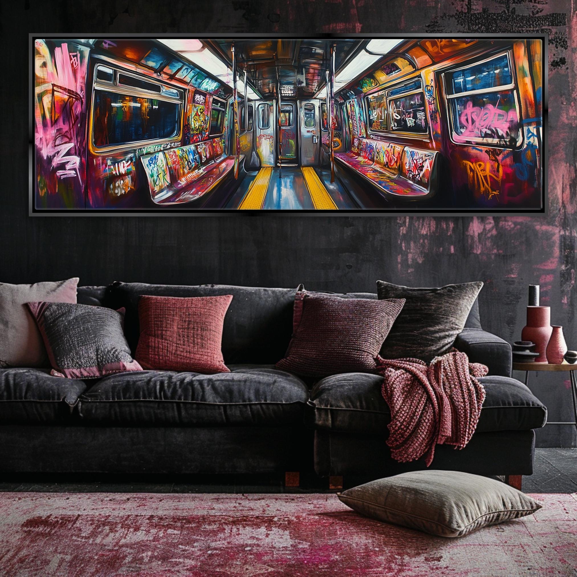 a living room with a couch and a painting on the wall