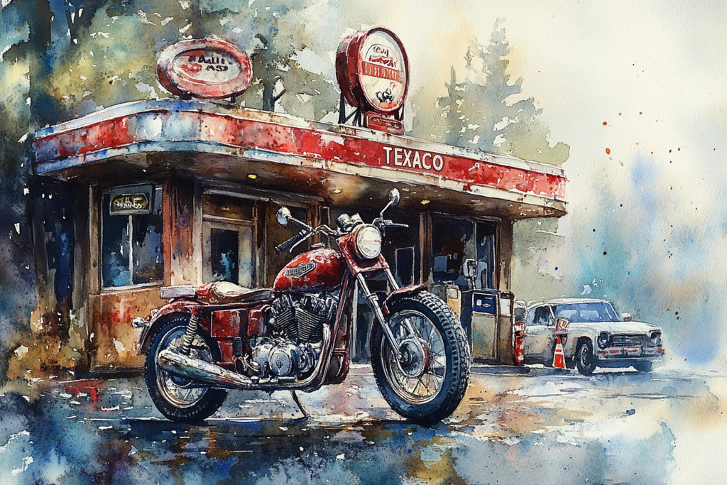 A red motorcycle parked in front of a Texaco gas station, with a classic car parked nearby. The scene is set in a wooded area, creating a nostalgic atmosphere.