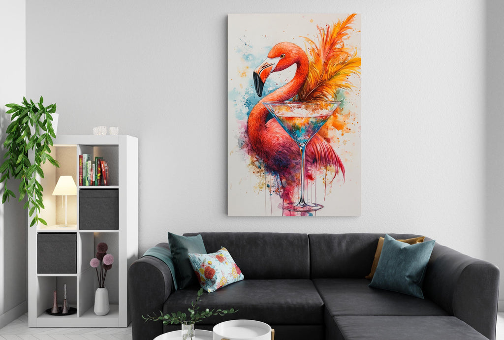 a vibrant living room with a black sectional sofa, a bookshelf, and a large painting of a flamingo with a cocktail glass on its back.