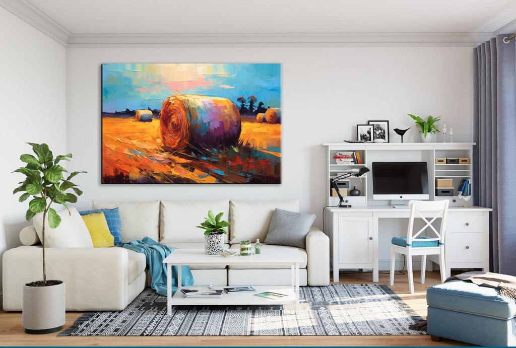 Hayfield Farm Landscape Art - Autumn Harvest Canvas | Large Rustic Wall Decor