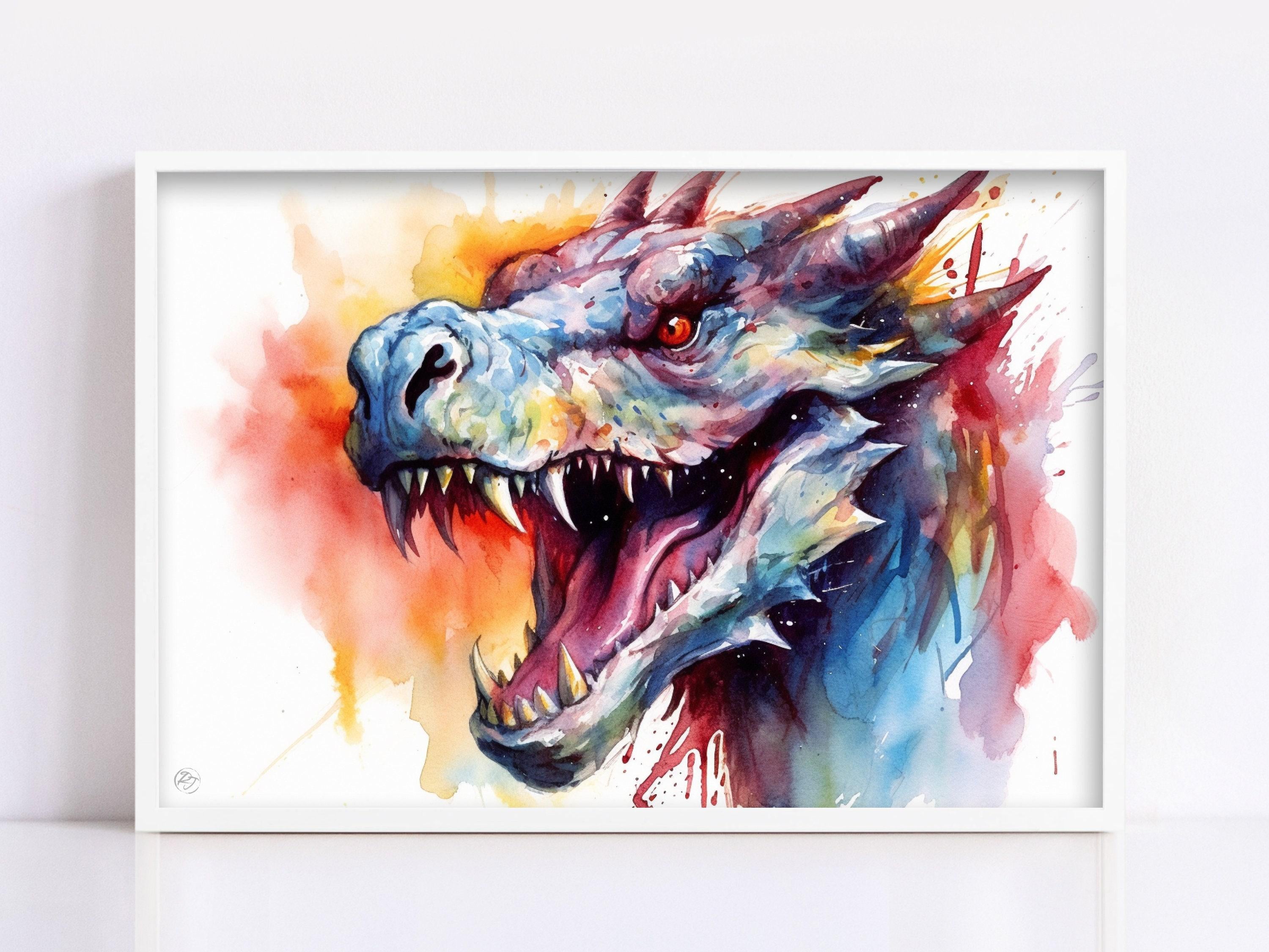 Fantasy Serpent Charm: Dragon Watercolor Painting, Giclee Print on Canvas, Artist Paper, Watercolor Paper, Available in Extra Large Sizes