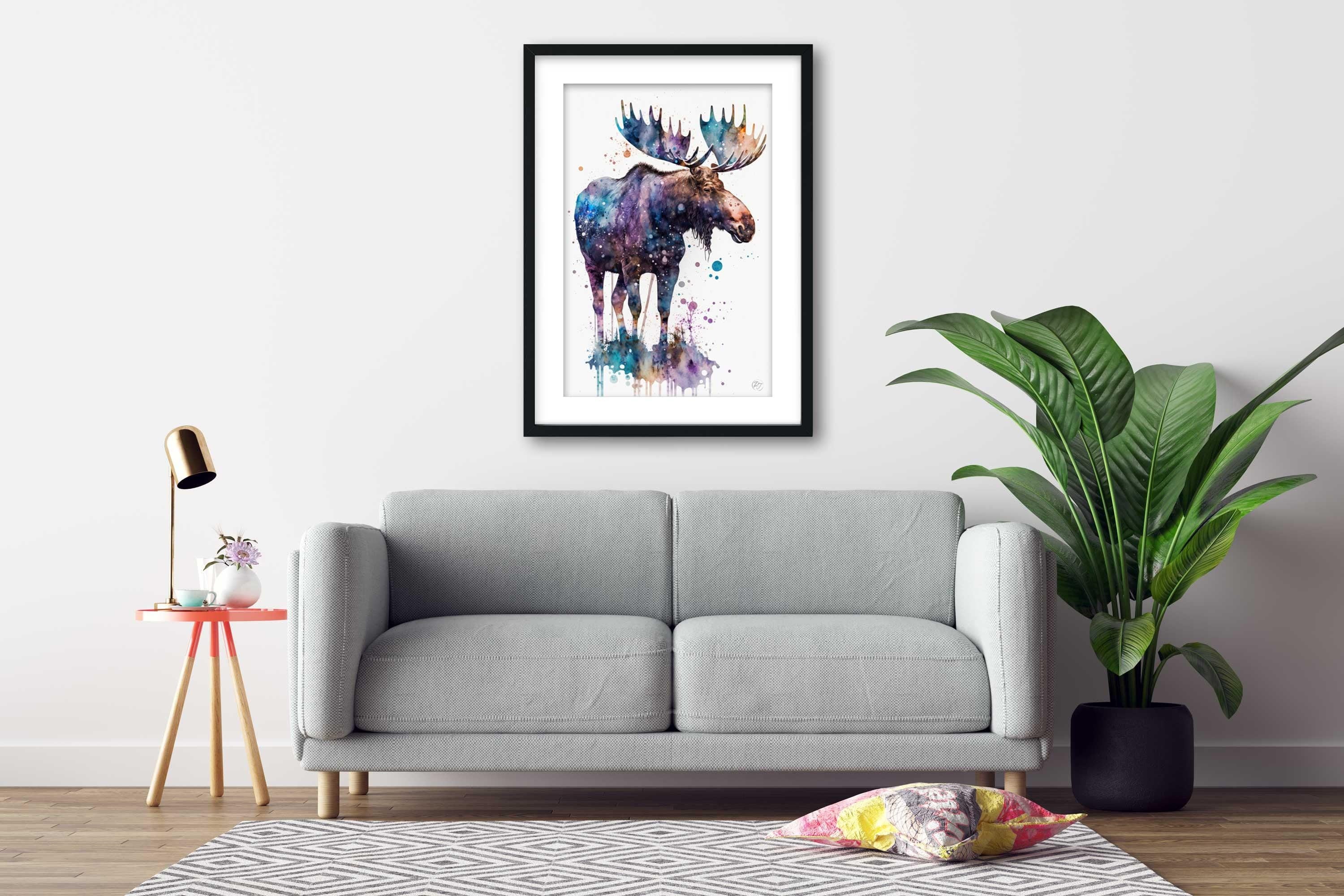 Moose Watercolor Art Print, Nursery Animal Canvas Print, Cute Decor, Framed Kids Wall Art