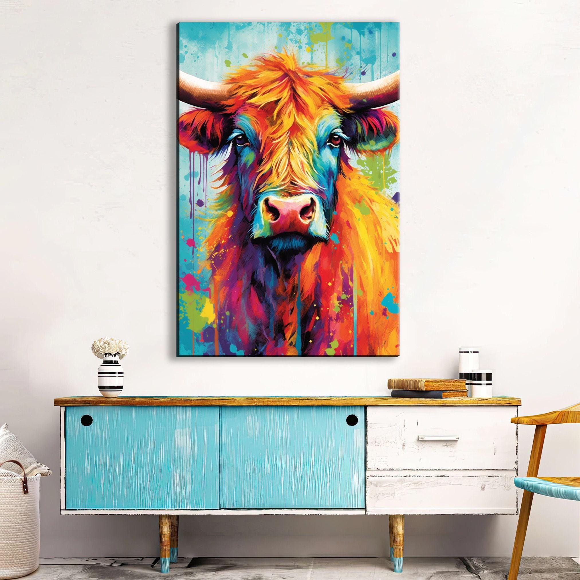 Highland Cow Painting – Watercolor Canvas Print | Colorful Cow Art on Large Canvas