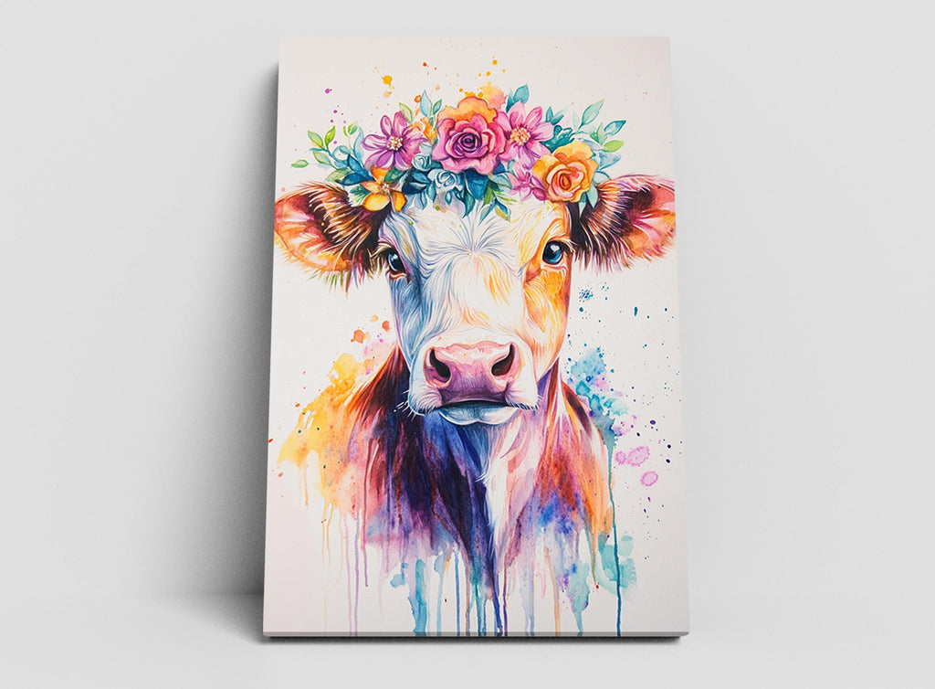 A colorful painting of a cow wearing a flower crown, with vibrant watercolor splashes and flowers surrounding the cow's face.
