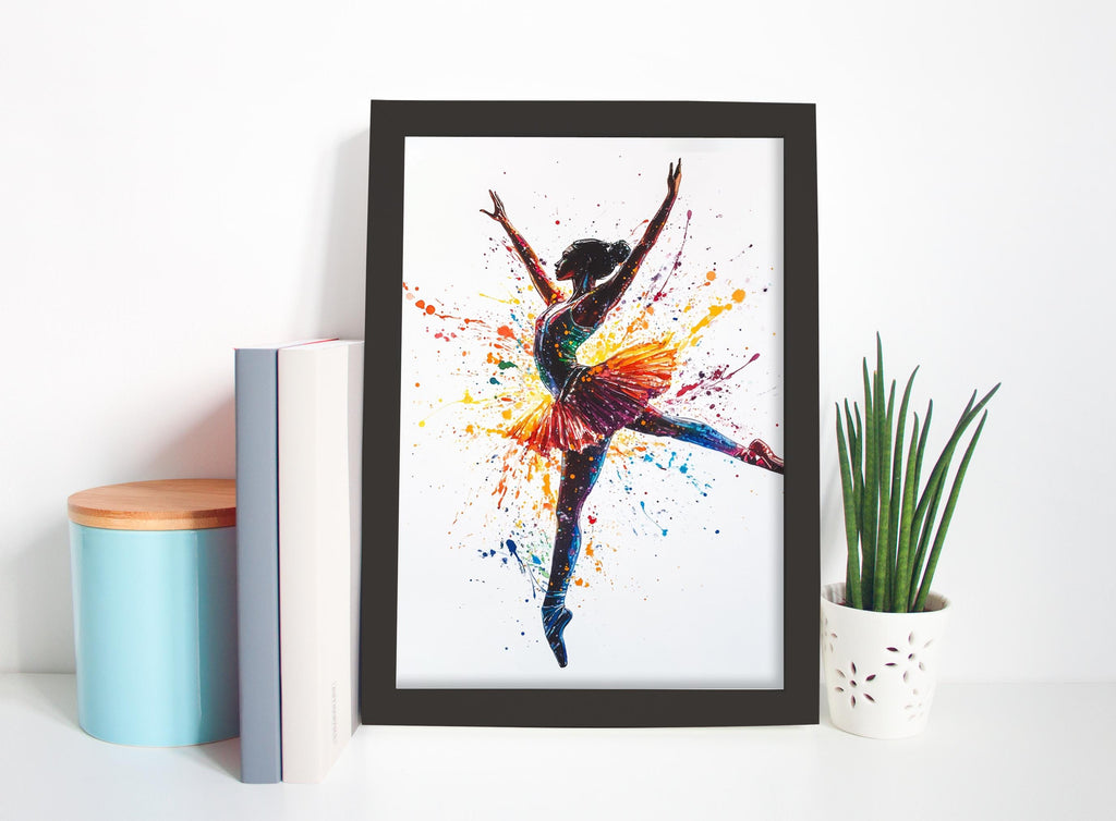 a framed painting of a ballerina in a dynamic pose, surrounded by splashes of color, placed on a shelf next to a potted plant and some books.