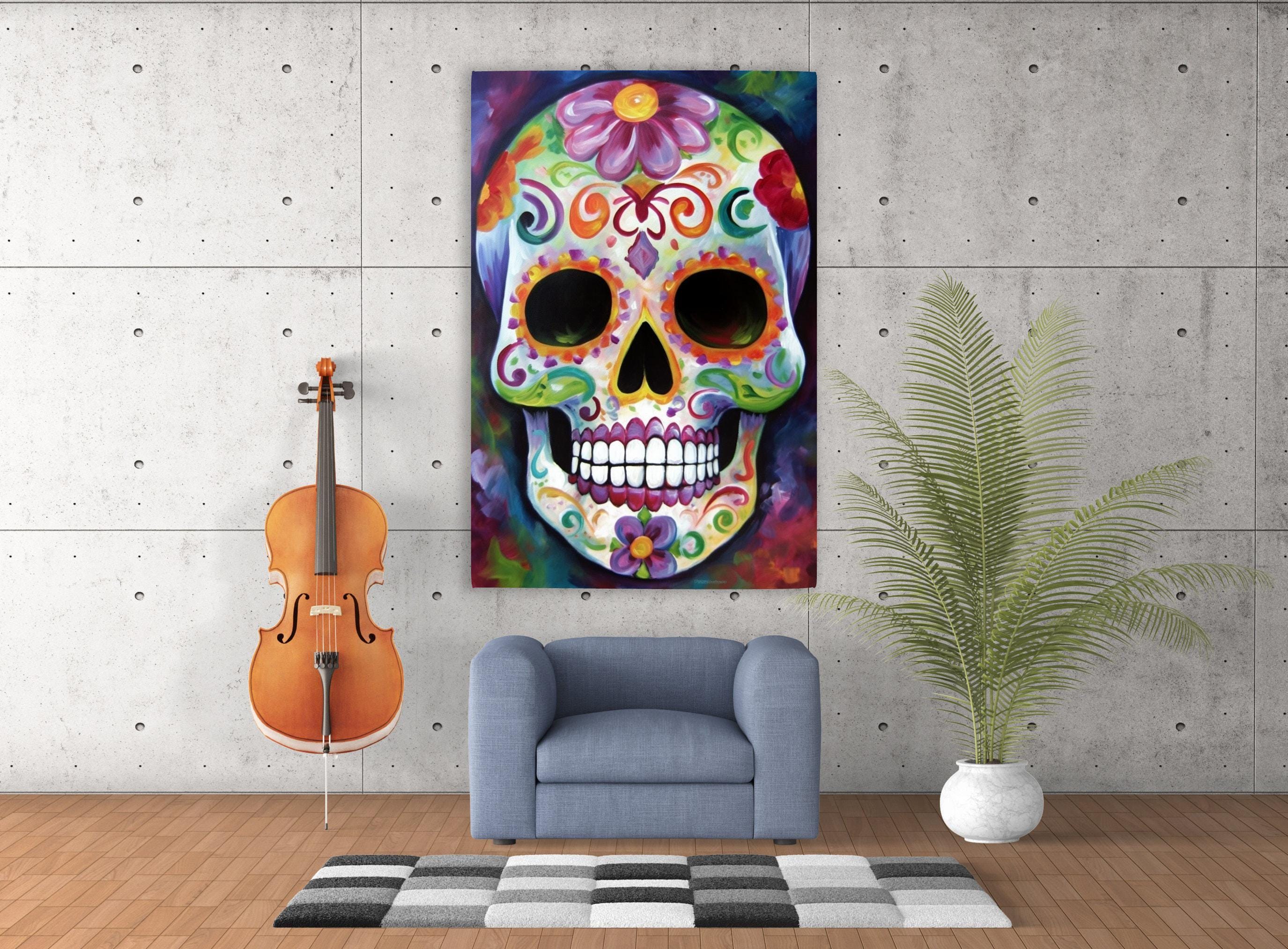 Sugar Skull Wall Art – Colorful Day of the Dead Art on Large Giclee Canvas Print