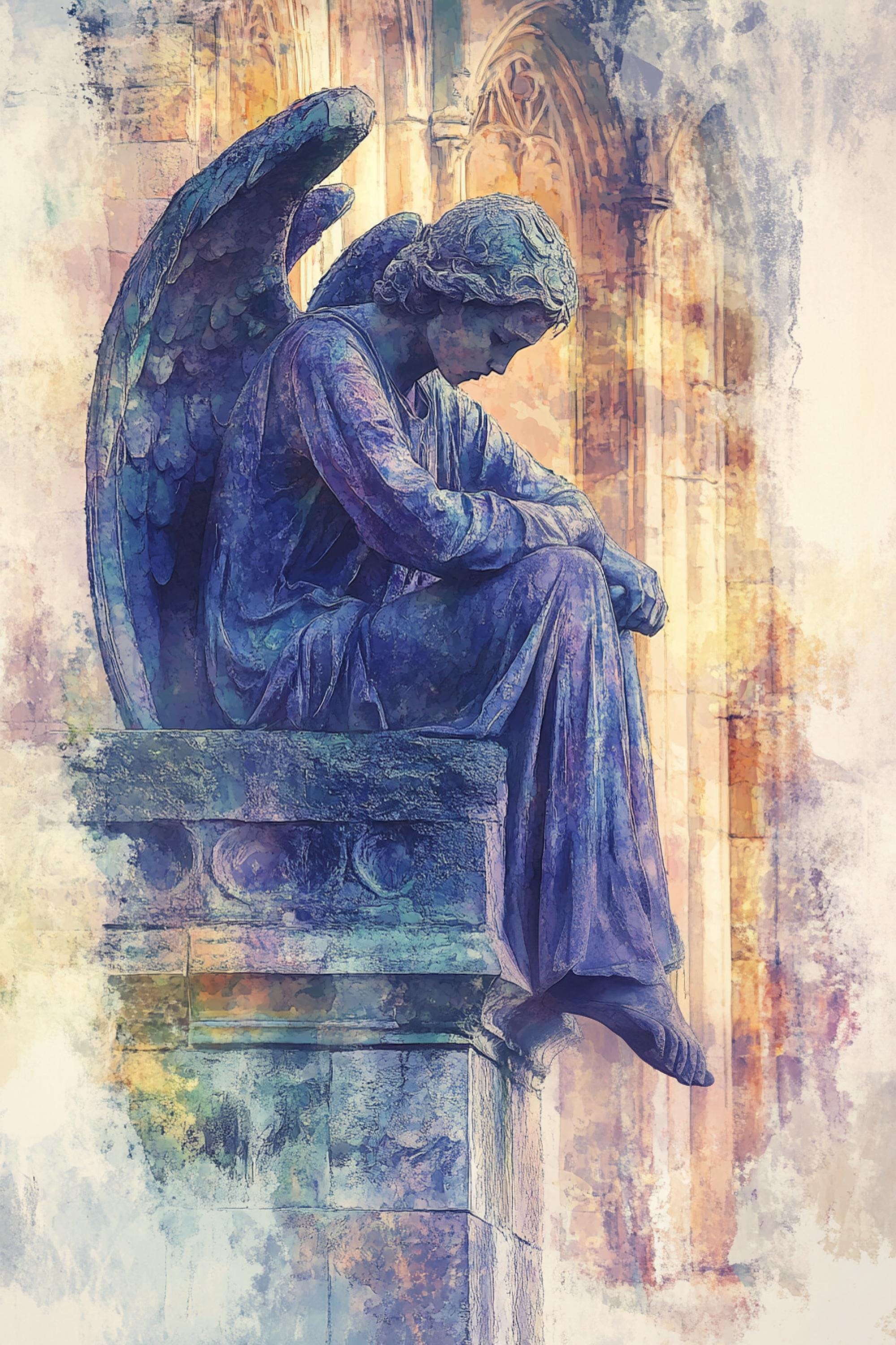 A stone statue of an angel with wings, sitting on a pedestal and appearing to be in a contemplative or pensive pose.