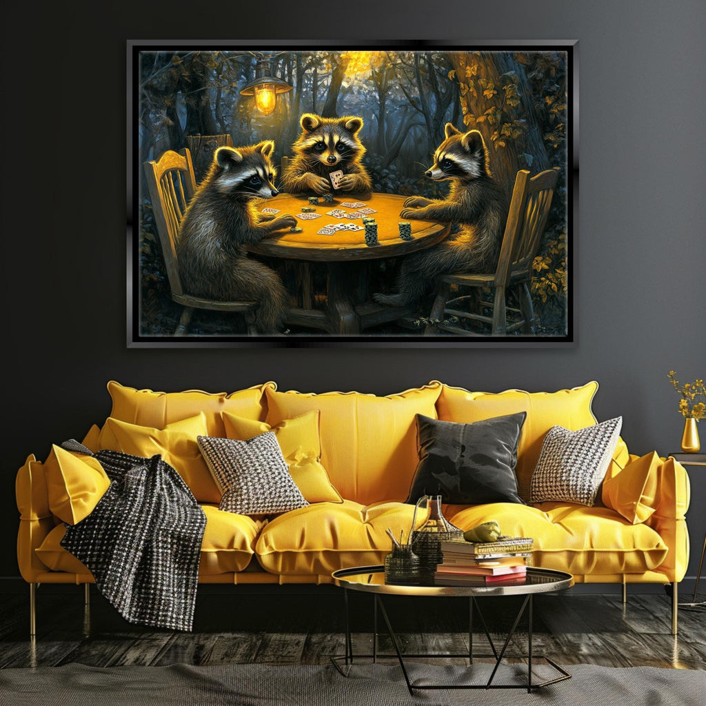 a painting of raccoons playing cards at a table
