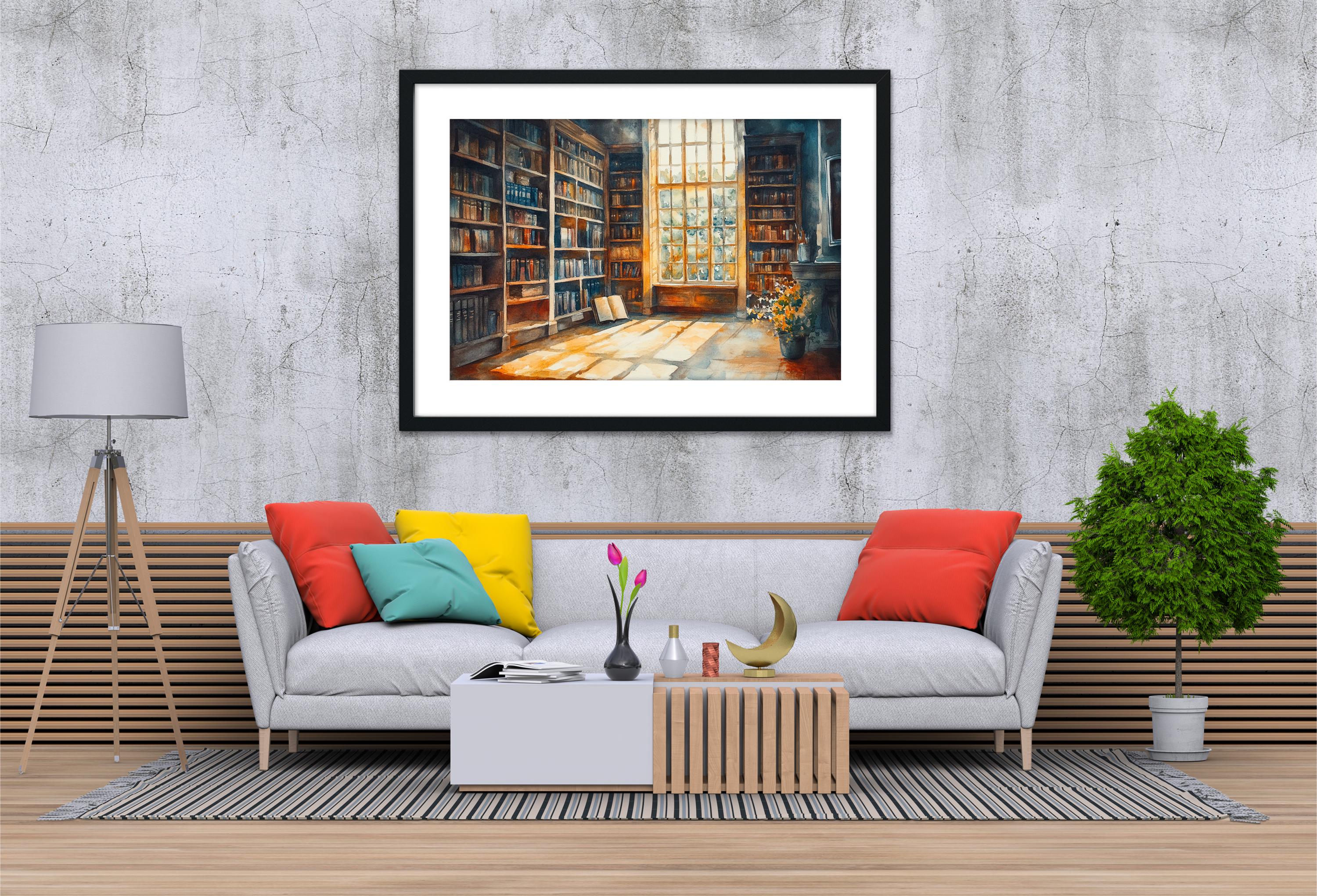 a cozy living room with a gray sofa adorned with colorful pillows, a wooden coffee table, and a potted plant. Above the sofa, a framed painting of a library scene hangs on the wall, creating a warm and inviting atmosphere.