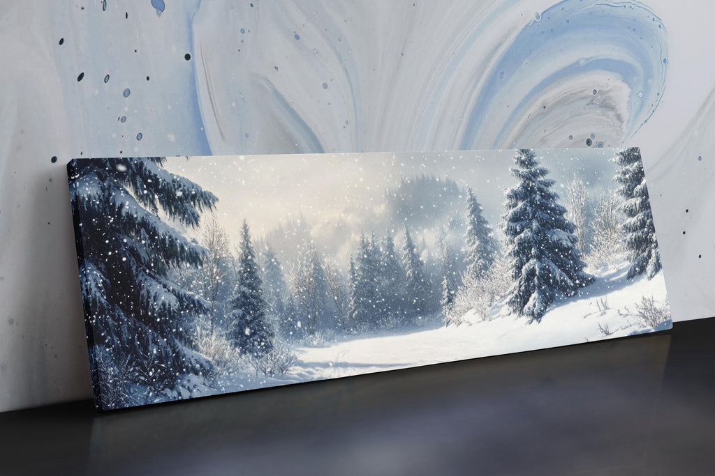 a painting of a snowy landscape with trees
