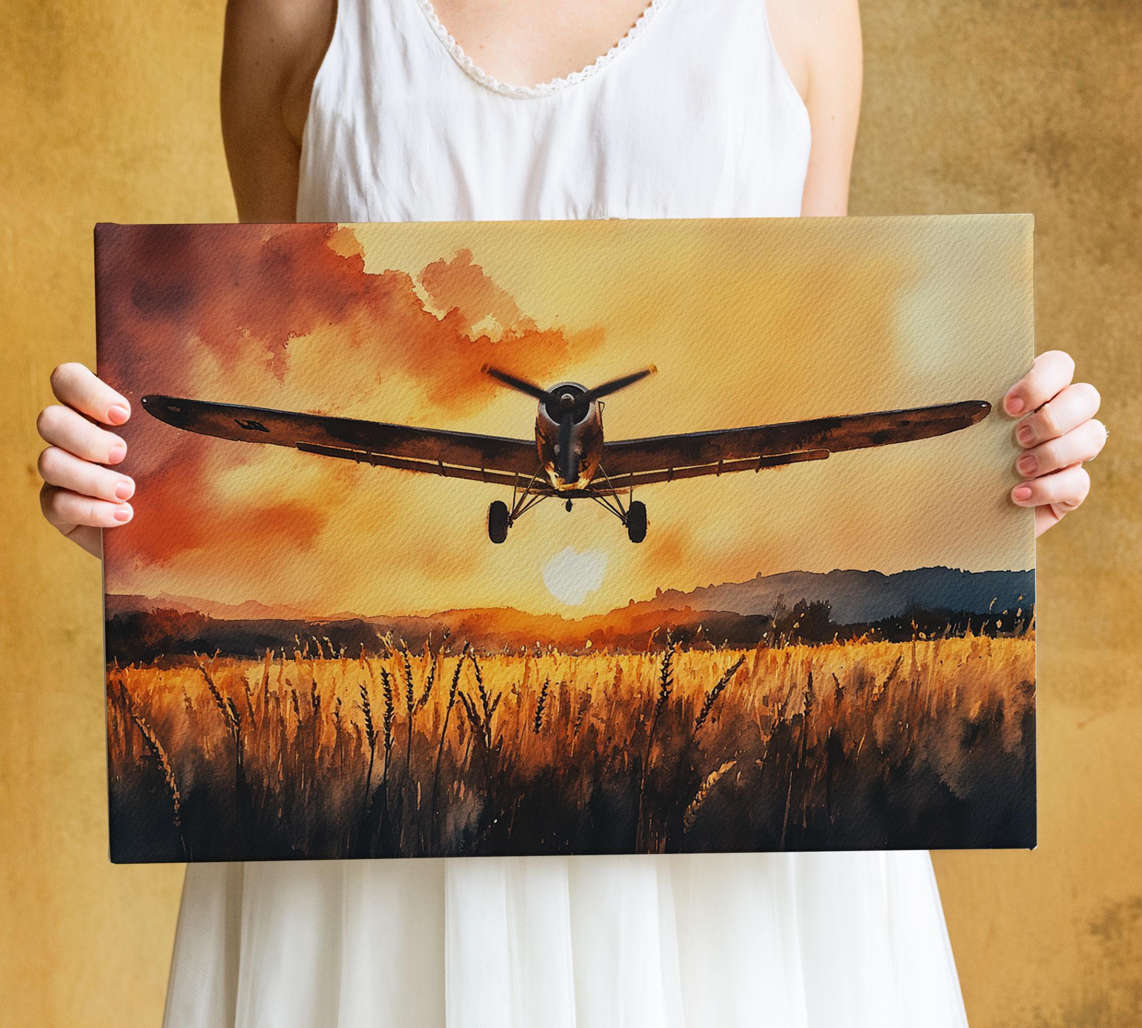 A person is holding a framed print of a painting depicting a plane flying over a field at sunset.