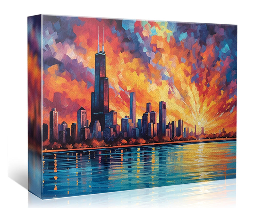 a vibrant cityscape with a skyline of tall buildings silhouetted against a colorful sunset sky. The city is reflected in the calm waters below, creating a serene and picturesque scene.