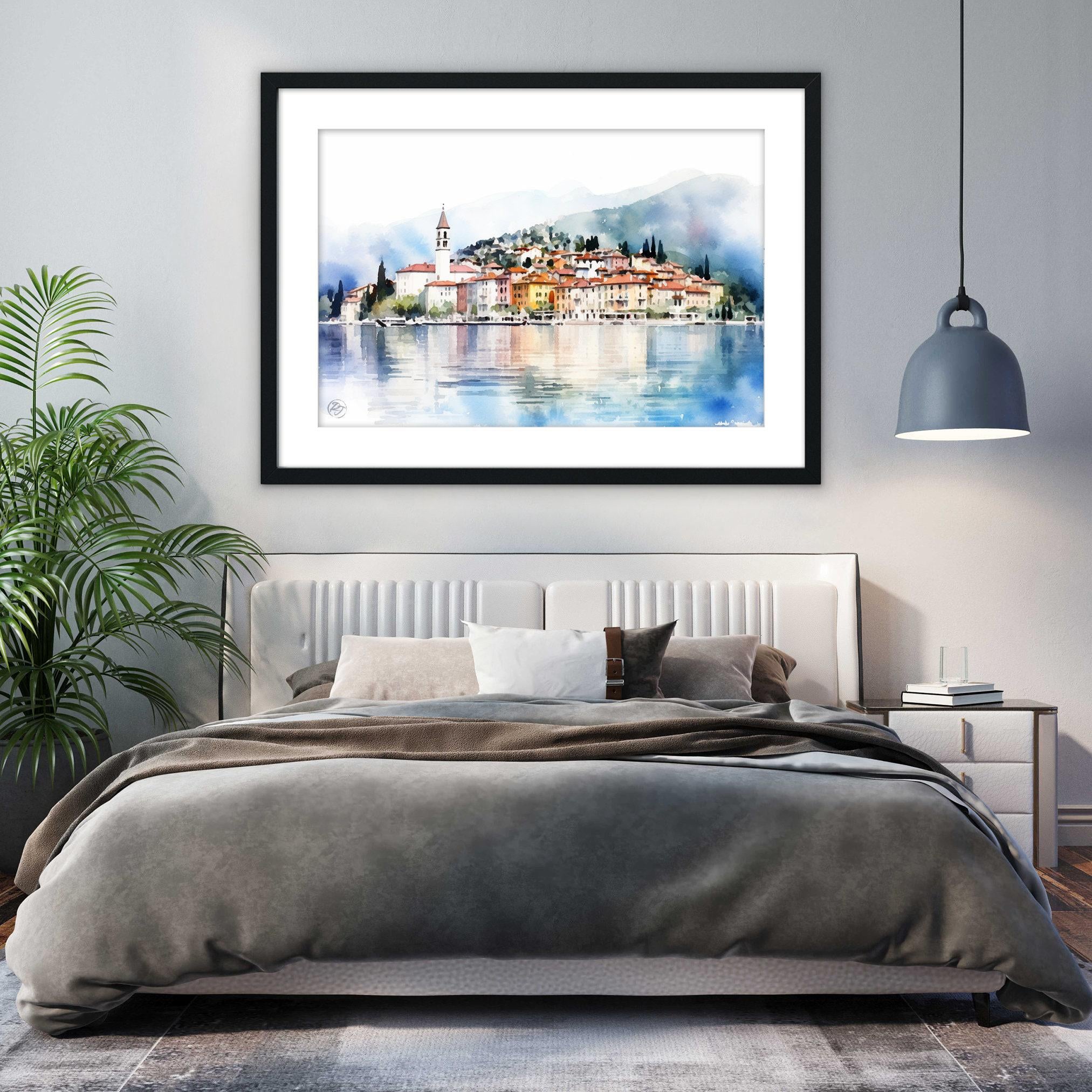 Lake Como Serenity: Bellagio Italy Watercolor Art, Giclee Print on Canvas, Artist Paper, Watercolor Paper, Available in Extra Large Sizes