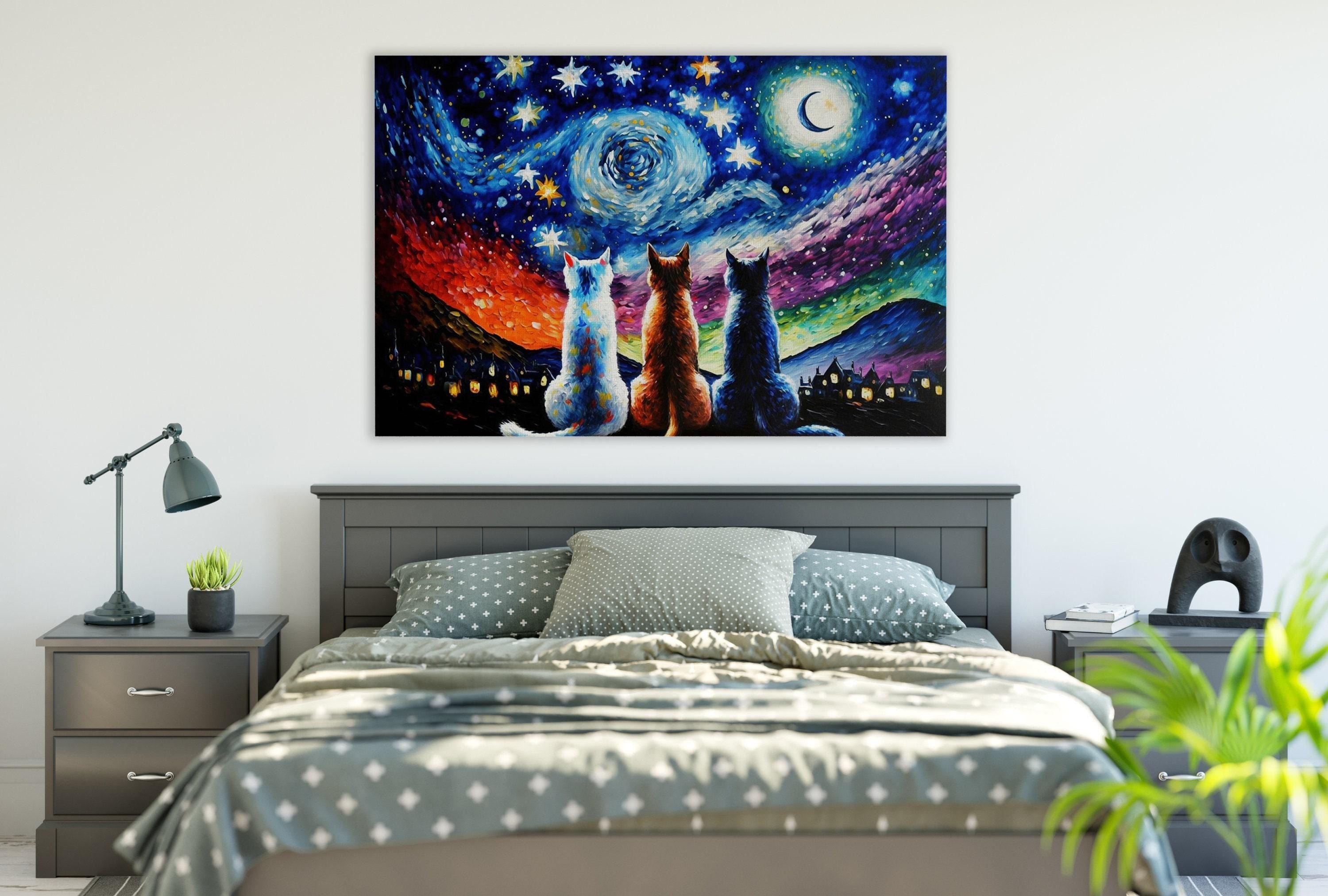 a bedroom with a large, colorful painting of cats sitting on a bed, looking up at the night sky.