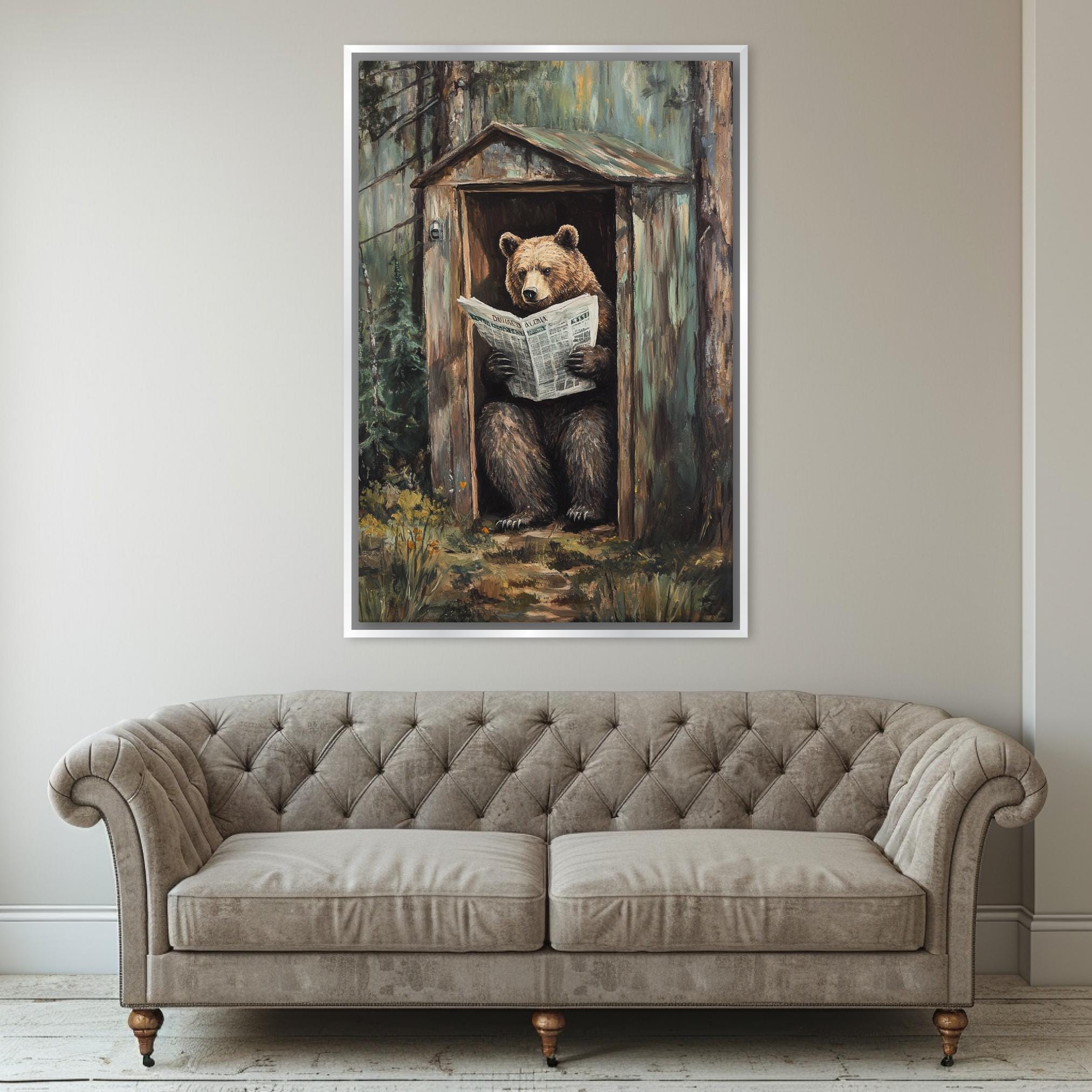 a painting of a bear reading a newspaper