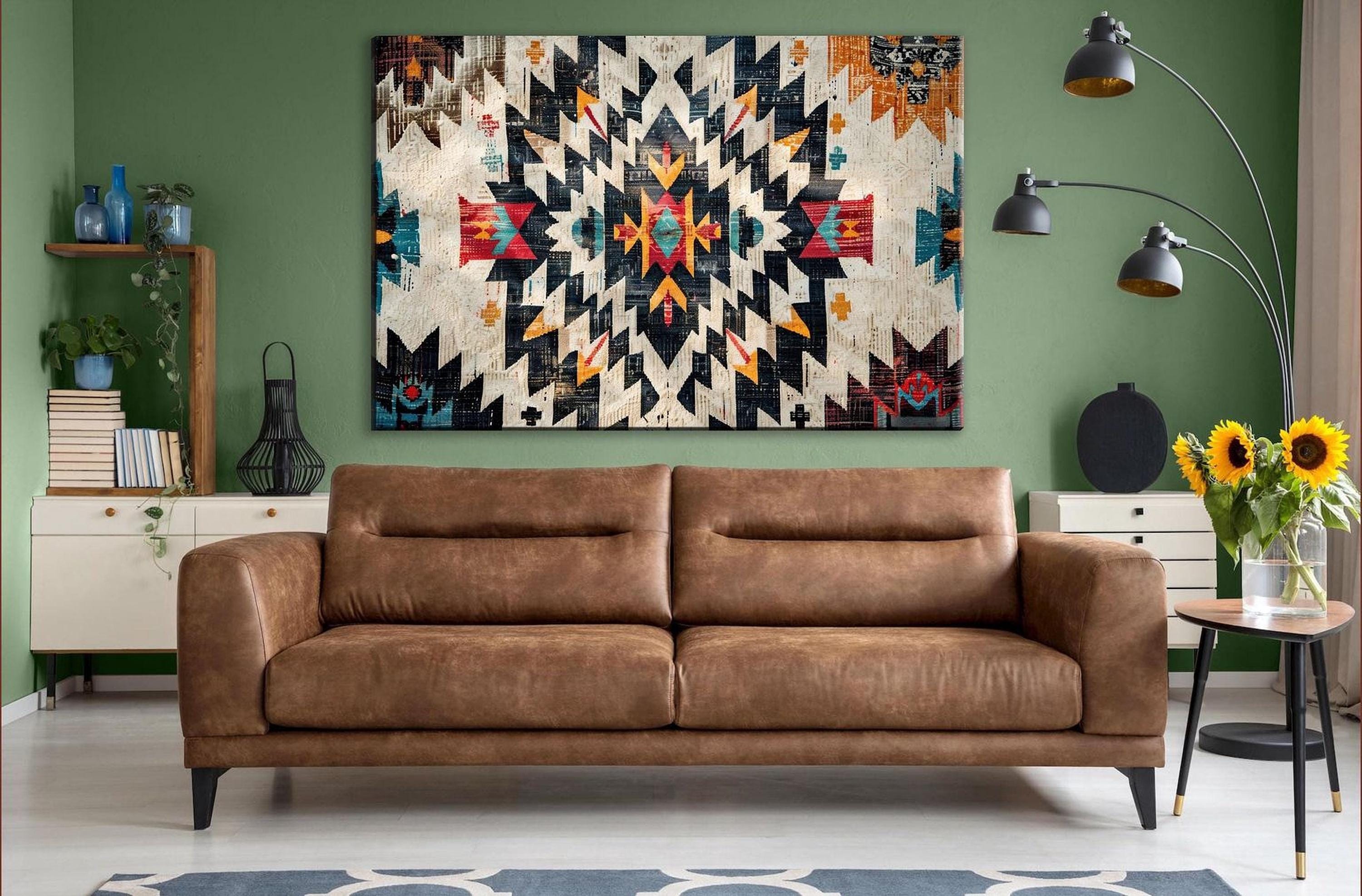 a living room with a brown leather sofa, a large colorful abstract painting on the wall, and various decorative elements such as potted plants, vases, and books.