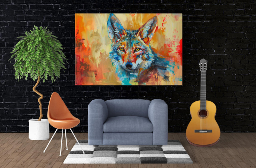 Colorful Coyote Wall Art | Modern Desert Coyote on Gallery Wrapped Canvas, Bold Wall Decor