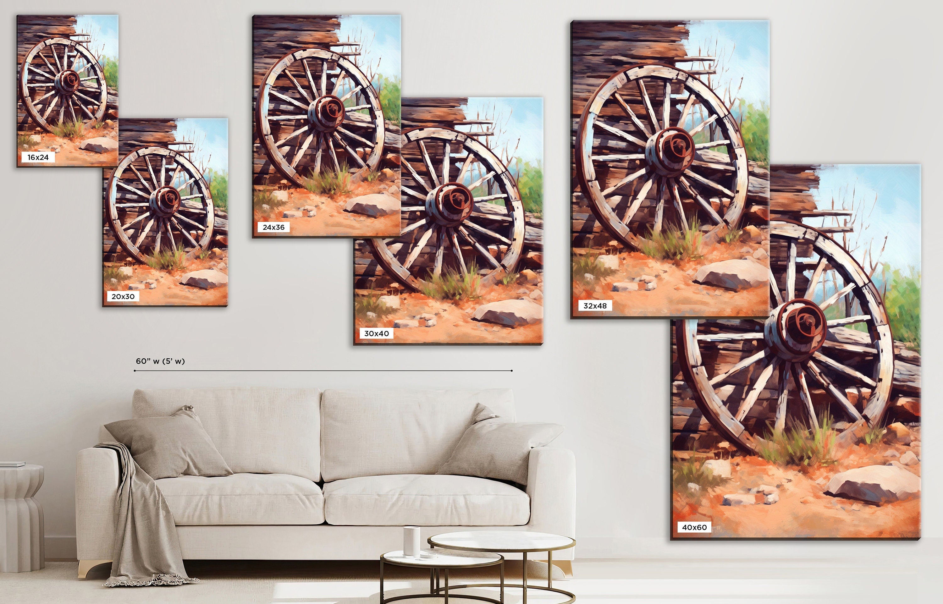 Wagon Wheel Painting - Vintage Rustic Canvas Wall Art | Gallery Wrapped Ready to Hang