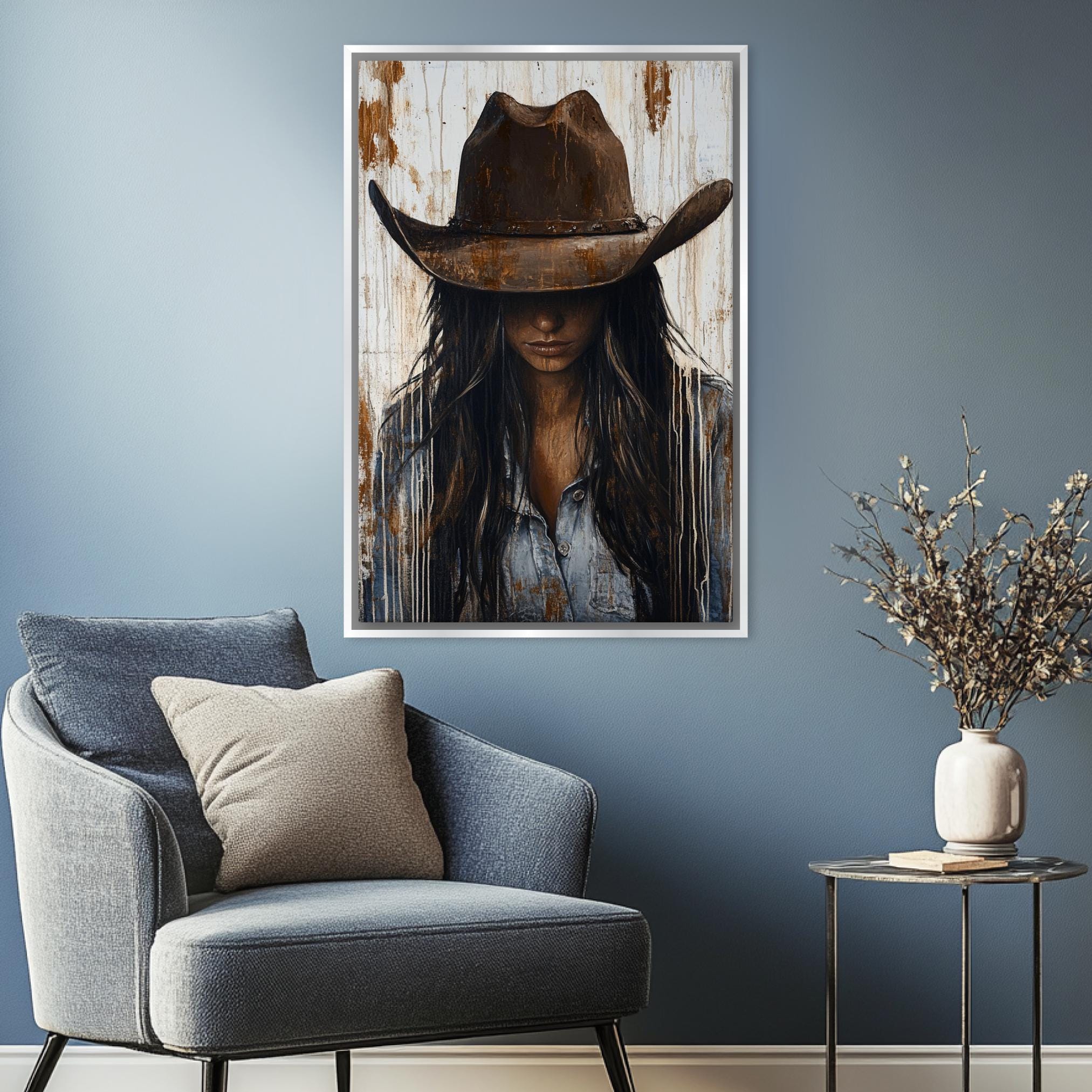 a painting of a woman wearing a cowboy hat