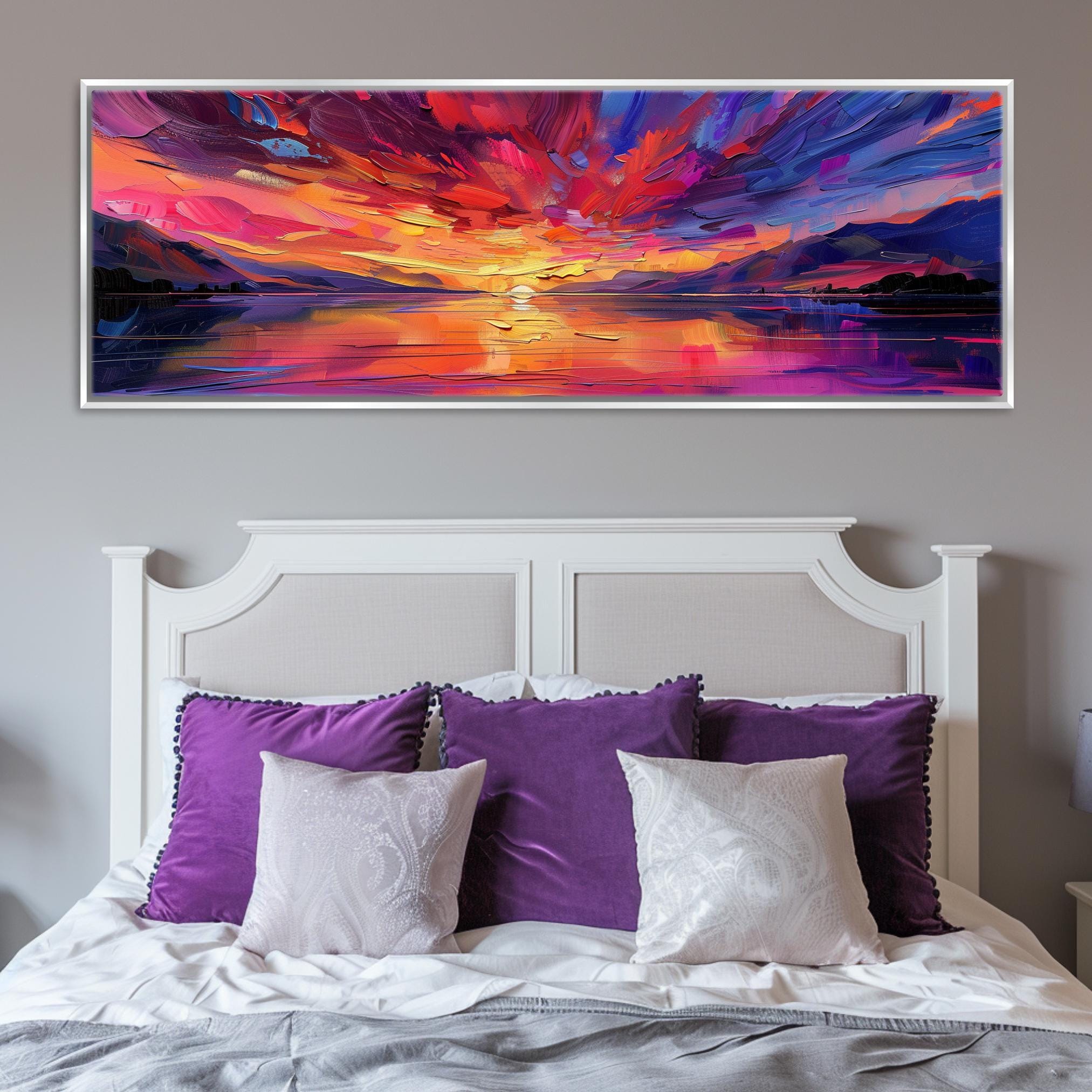 Panoramic Ocean Sunset Canvas - Oversized Framed Wall Art, Pink Purple Sunset