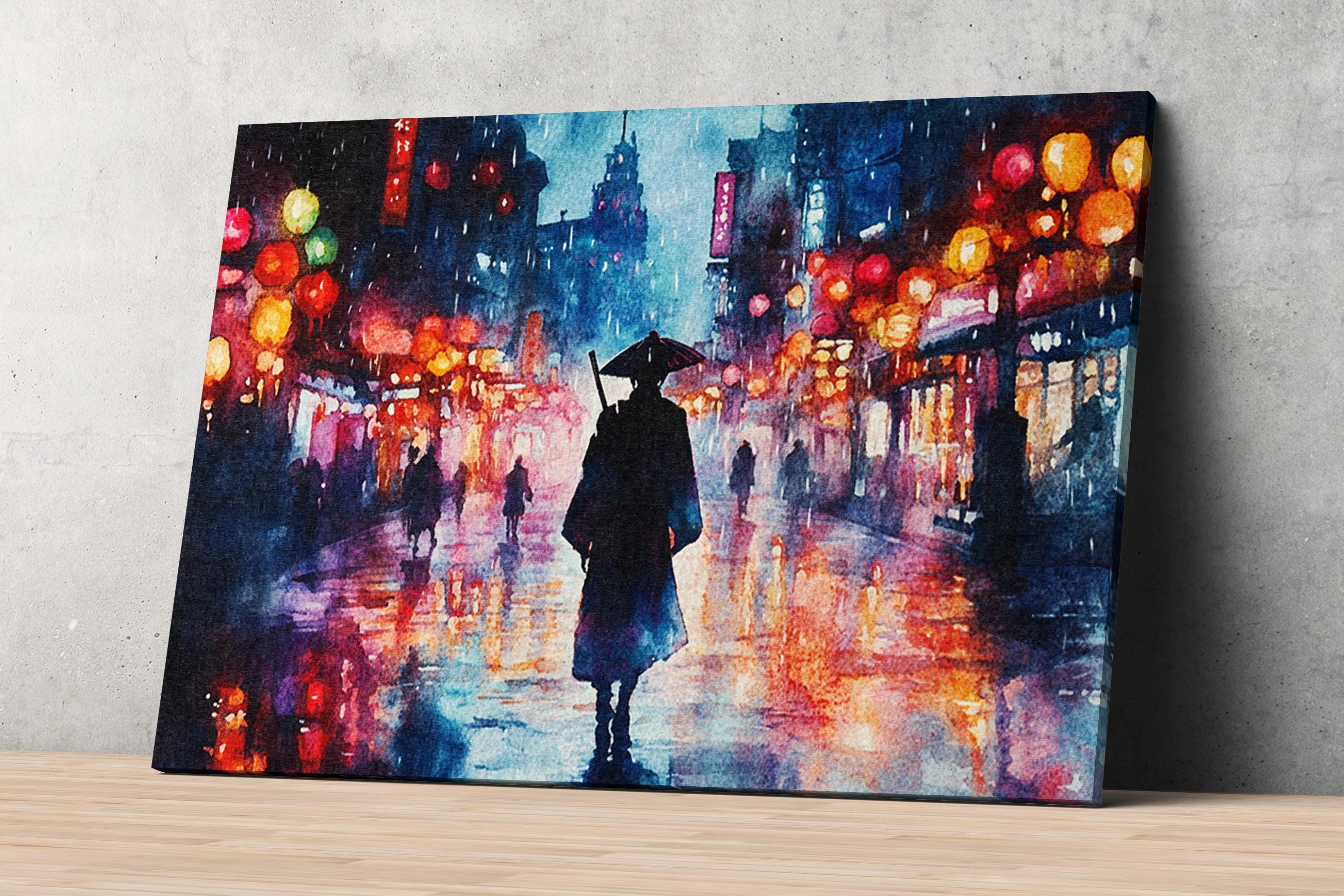 A painting depicting a person walking down a rainy street at night, holding an umbrella, with colorful lights and reflections on the wet pavement.