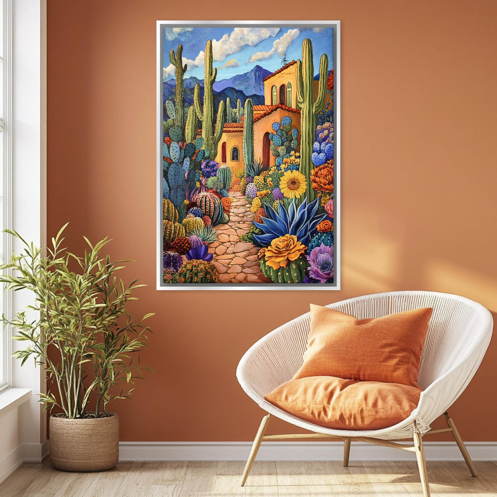 a painting of a cactus garden with a house in the background