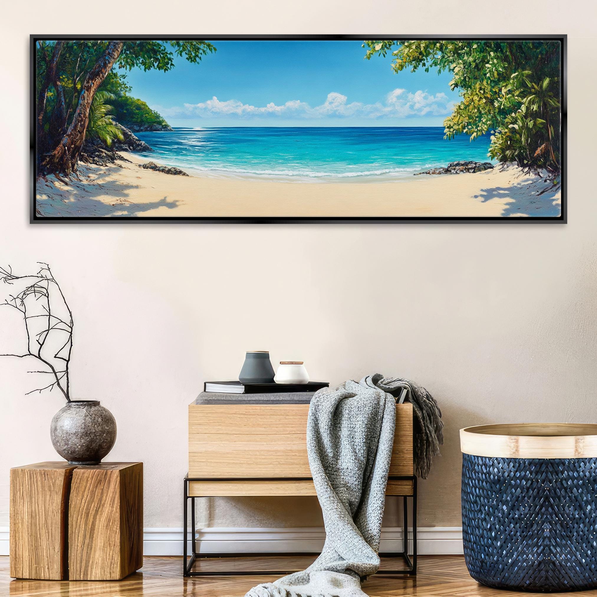 a painting of a tropical beach with blue water