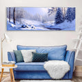 a living room with a blue couch and a painting on the wall