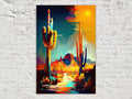 A vibrant, colorful desert landscape with towering cacti, a bright sun, and a winding path leading through the scene.