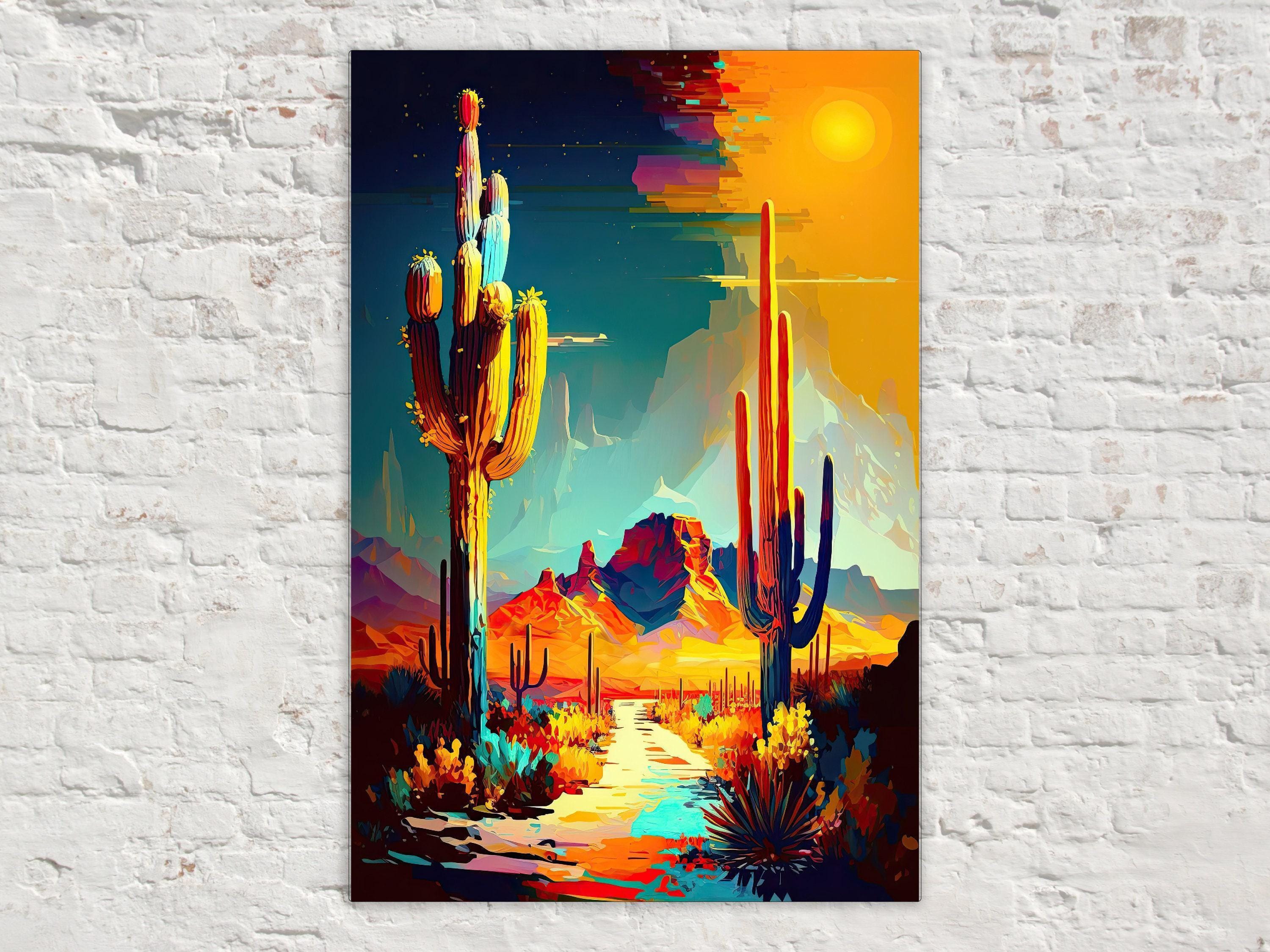 A vibrant, colorful desert landscape with towering cacti, a bright sun, and a winding path leading through the scene.