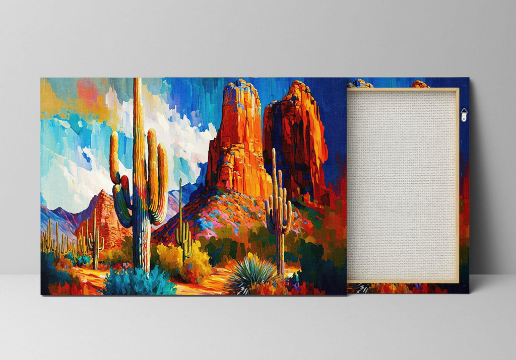 The image is a vibrant painting depicting a desert landscape with towering red rock formations, cacti, and a blue sky with clouds.