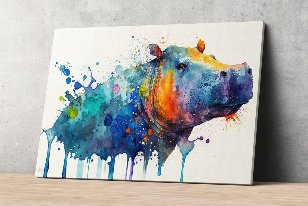 Wildlife Majesty: Hippopotamus Watercolor Painting, Giclee Print on Canvas, Artist Paper, Watercolor Paper, Available in Extra Large Sizes