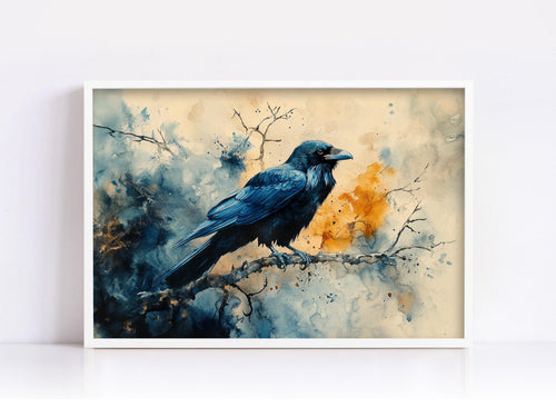 A black bird perched on a branch, with a splash of orange and blue paint in the background.