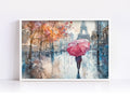 A watercolor painting depicting a person walking down a rainy street with a red umbrella, surrounded by colorful autumn foliage and the Eiffel Tower in the background.