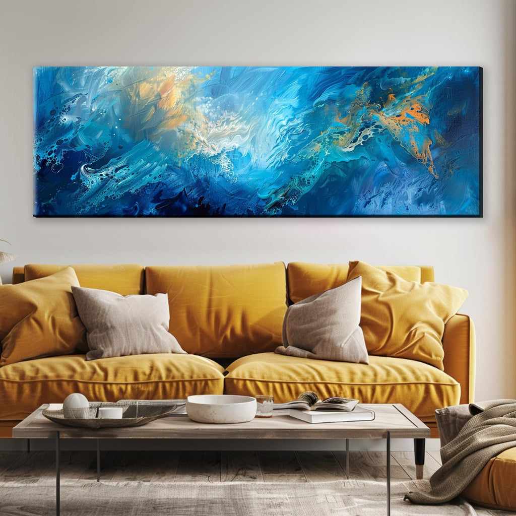 a living room with a yellow couch and a large painting on the wall