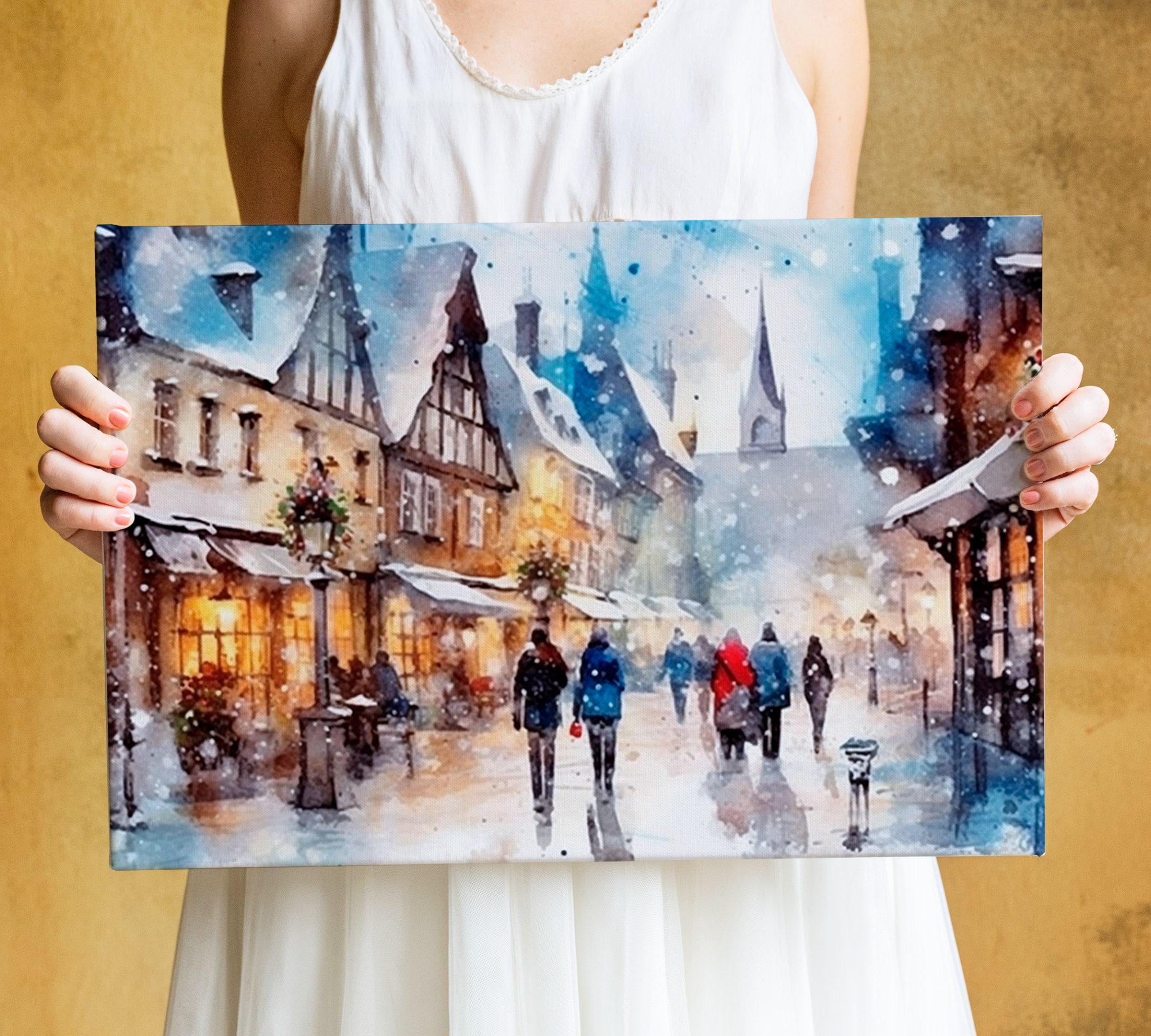 Watercolor Christmas Village - Festive Winter Decor, Giclee Print on Canvas, Artist Paper, Watercolor Paper, Available in Extra Large Sizes