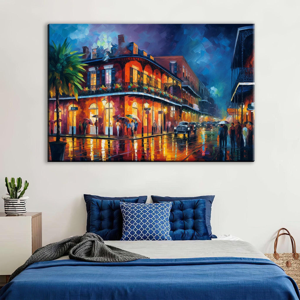 a vibrant and colorful painting of a lively street scene in New Orleans, Louisiana, with buildings, people, and cars illuminated by the city lights.