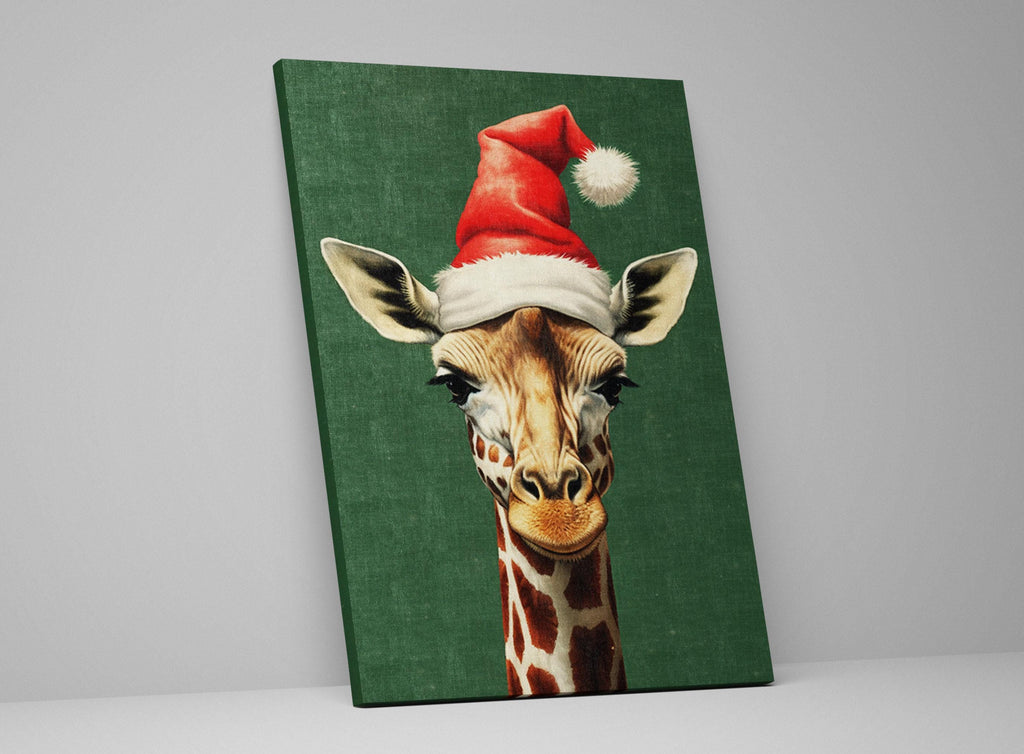 Christmas Canvas Art – Whimsical Giraffe in Santa Hat | Norman Rockwell Style Holiday Decor
