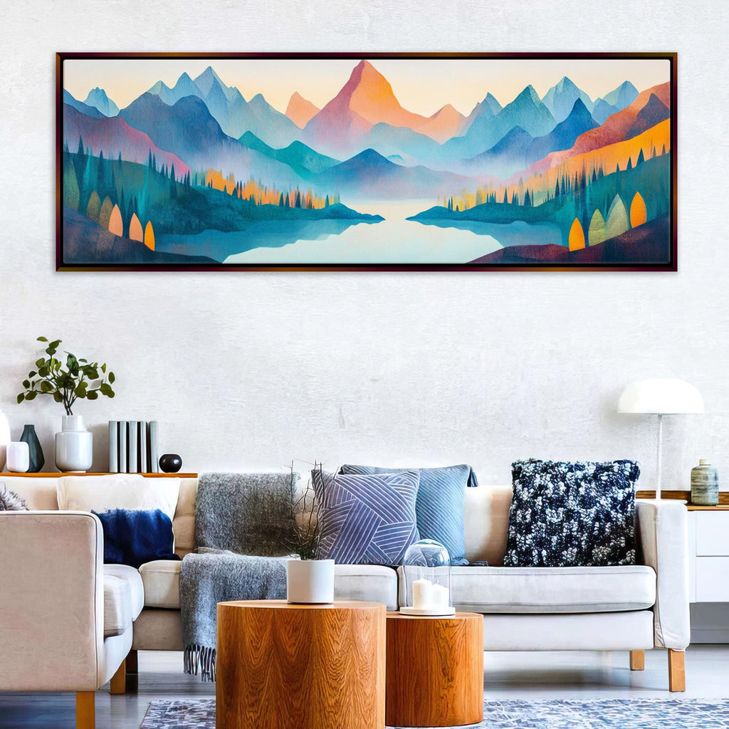 a living room with a couch and a painting on the wall