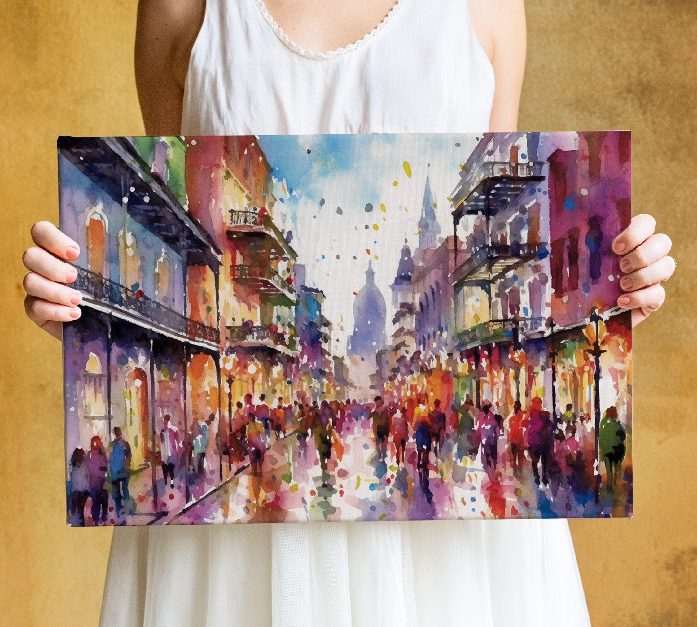 Colorful Mardi Gras Party Scene Watercolor – Bourbon Street, Print on Canvas, Artist Paper, Watercolor Paper, Available in Extra Large Sizes