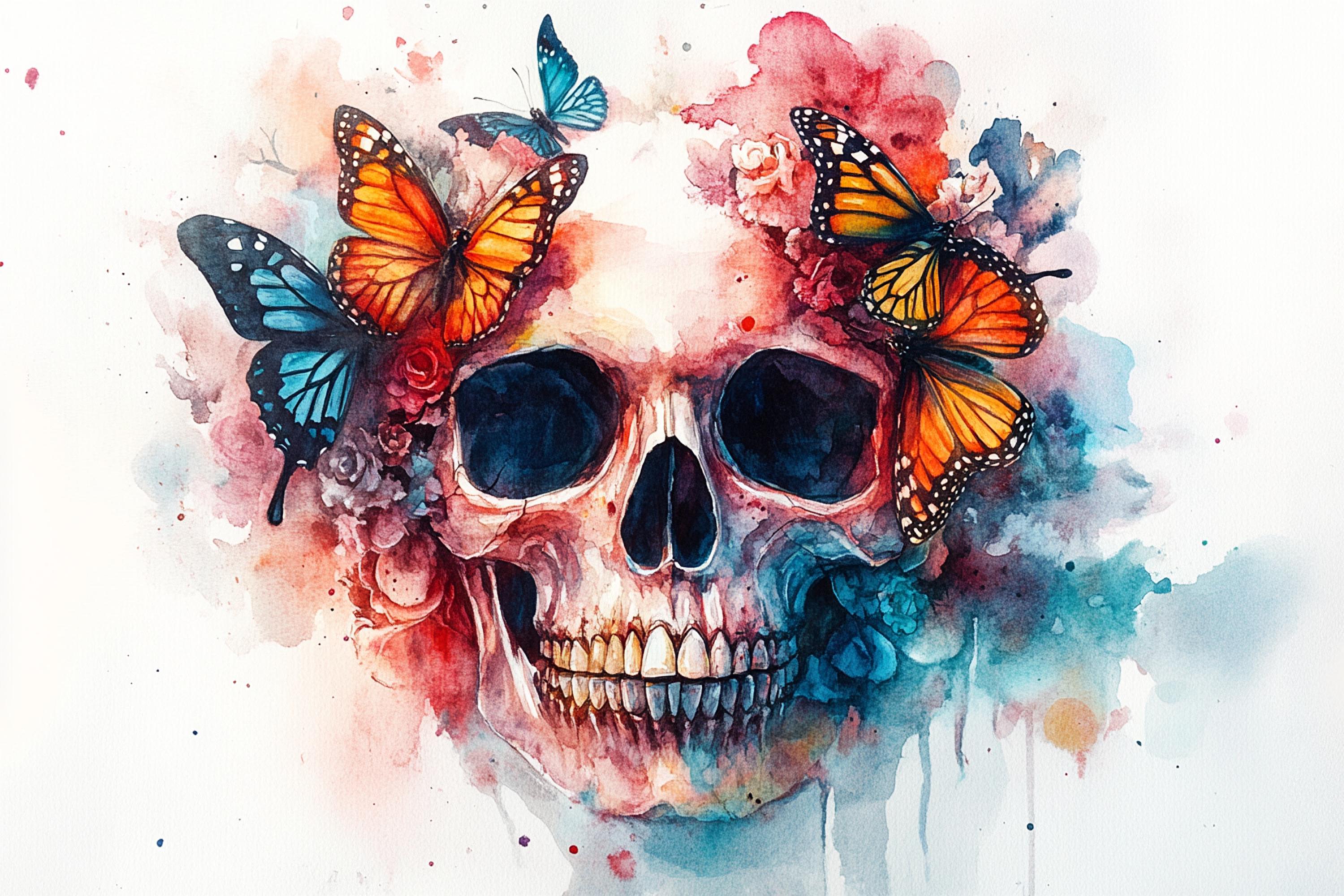 A colorful and vibrant illustration of a skull adorned with butterflies and flowers, creating a striking and artistic composition.
