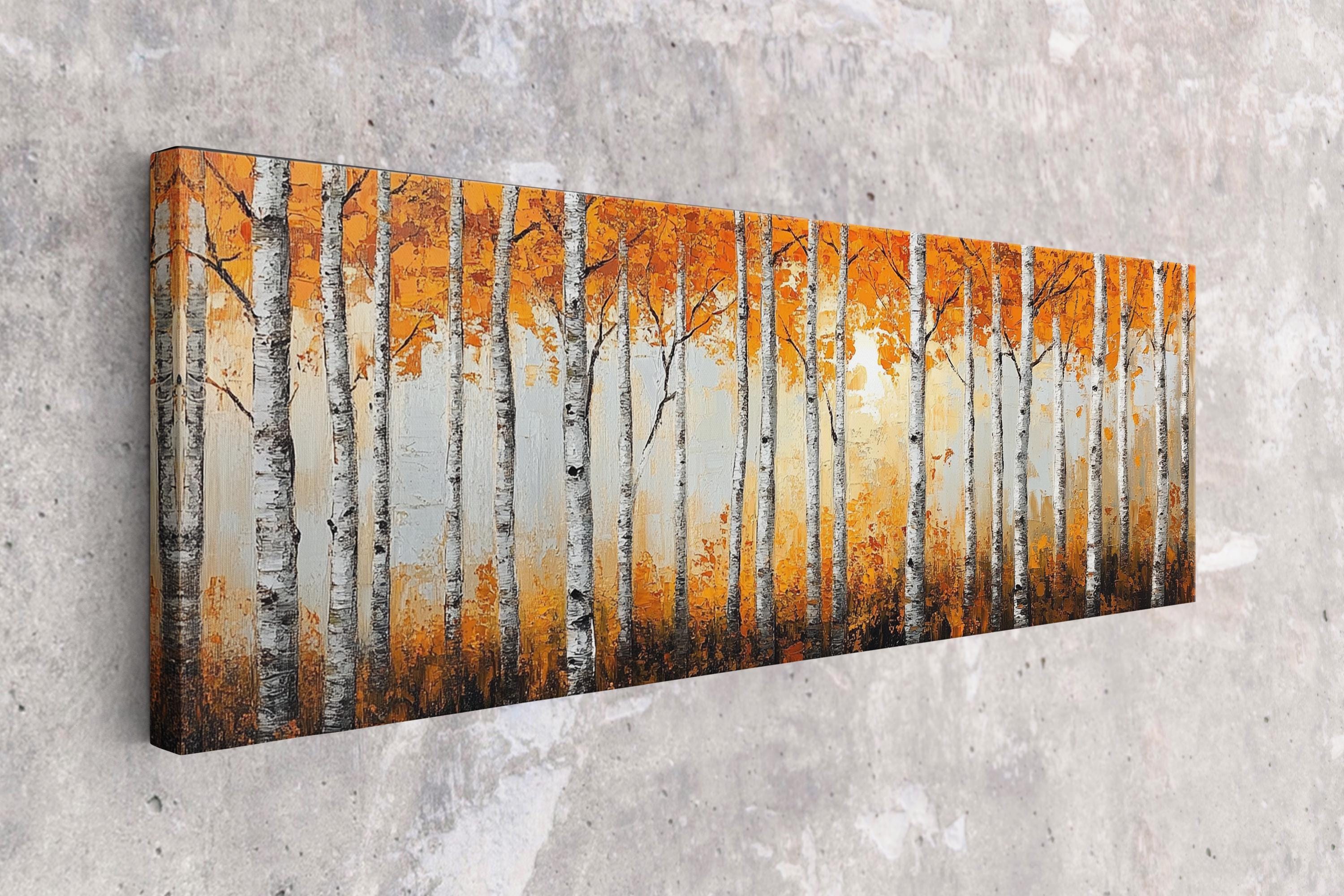 Birch Tree Wall Art – Large Framed Canvas Print with Orange Fall Leaves, Ready to Hang