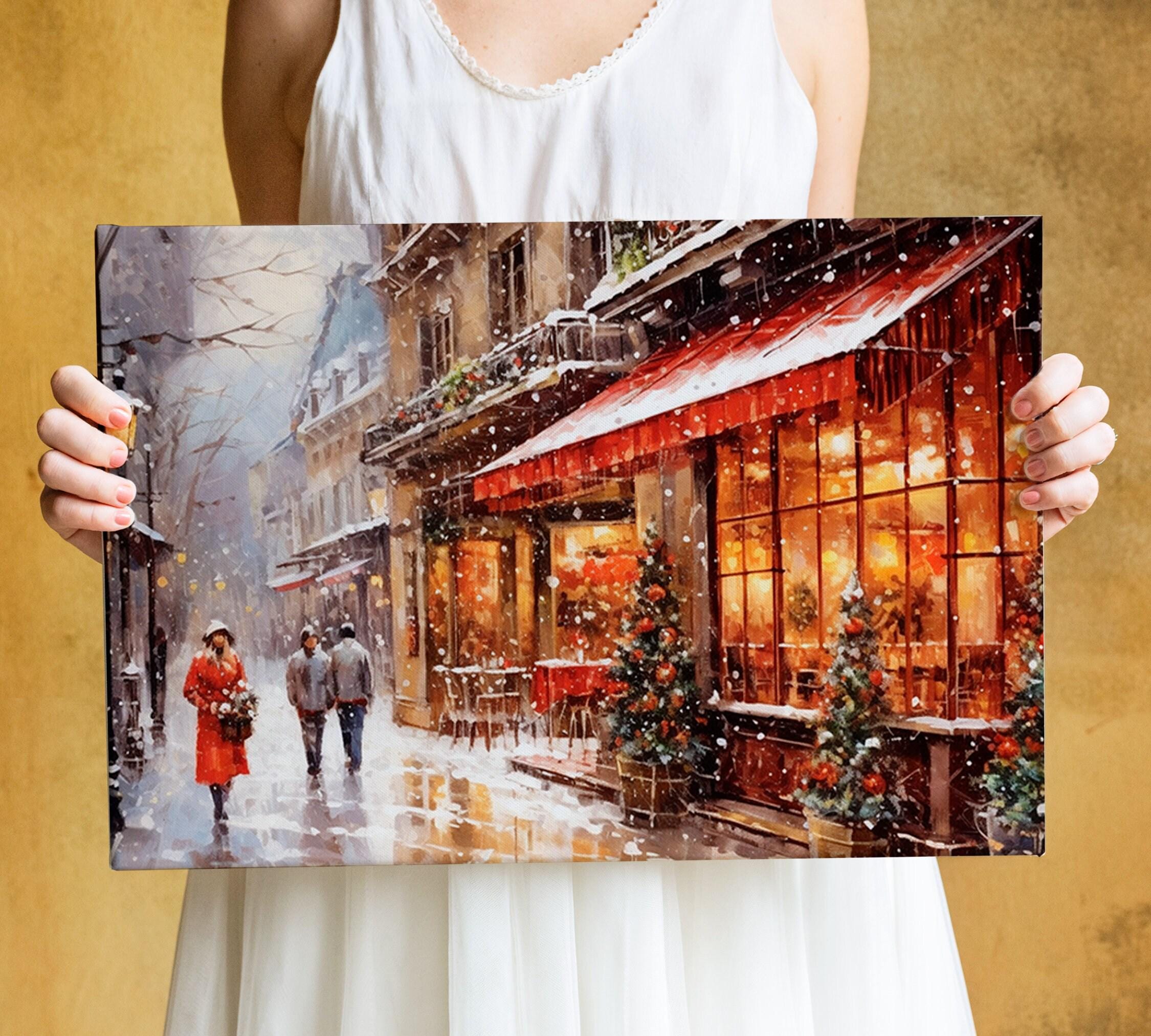 Winter Cityscape Watercolor - Holiday Home Decor, Giclee Print on Canvas, Artist Paper, Watercolor Paper, Available in Extra Large Sizes